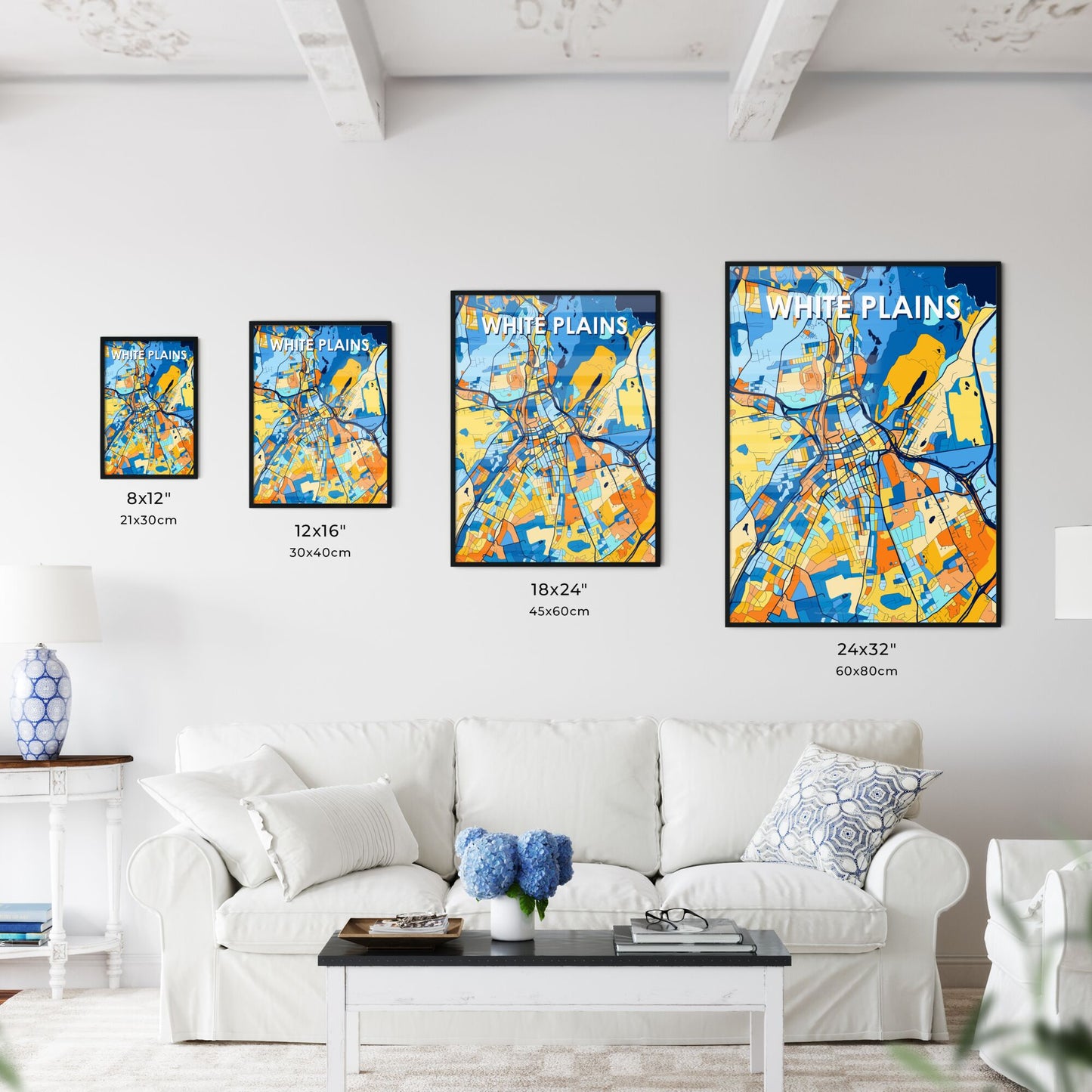 WHITE PLAINS NEW YORK Vibrant Colorful Art Map Poster Blue Orange