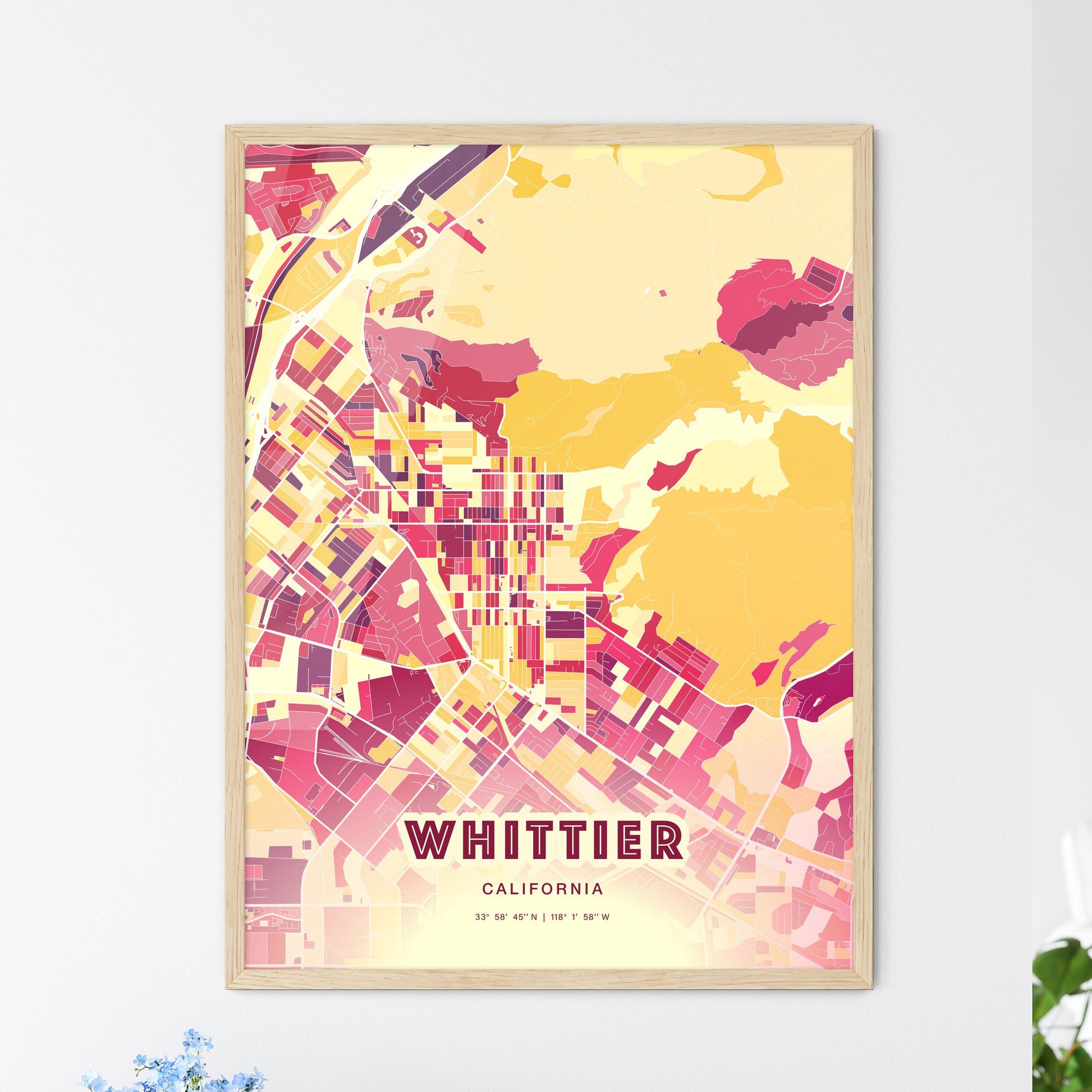 Colorful Whittier California Fine Art Map Hot Red