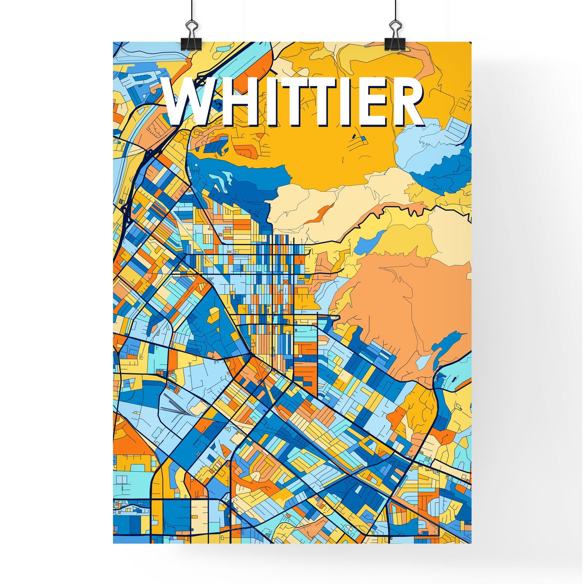 WHITTIER CALIFORNIA Vibrant Colorful Art Map Poster Blue Orange