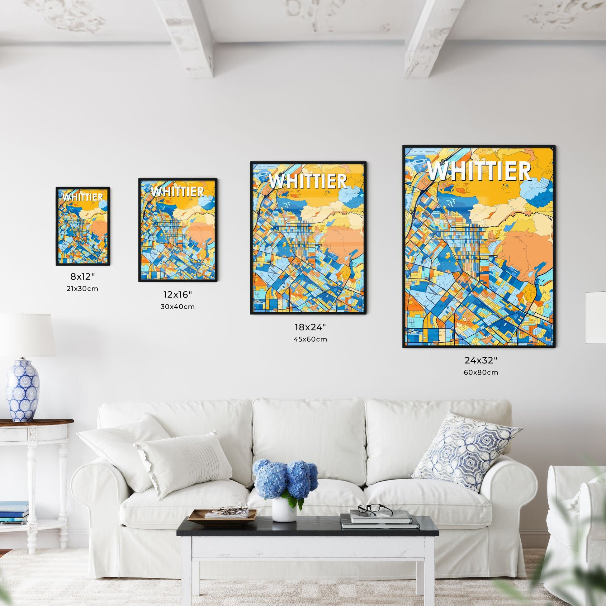 WHITTIER CALIFORNIA Vibrant Colorful Art Map Poster Blue Orange