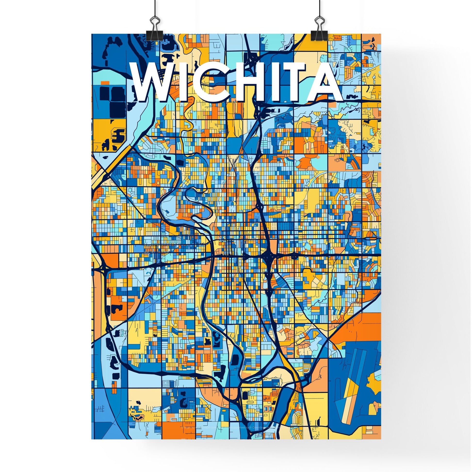 WICHITA KANSAS Vibrant Colorful Art Map Poster Blue Orange