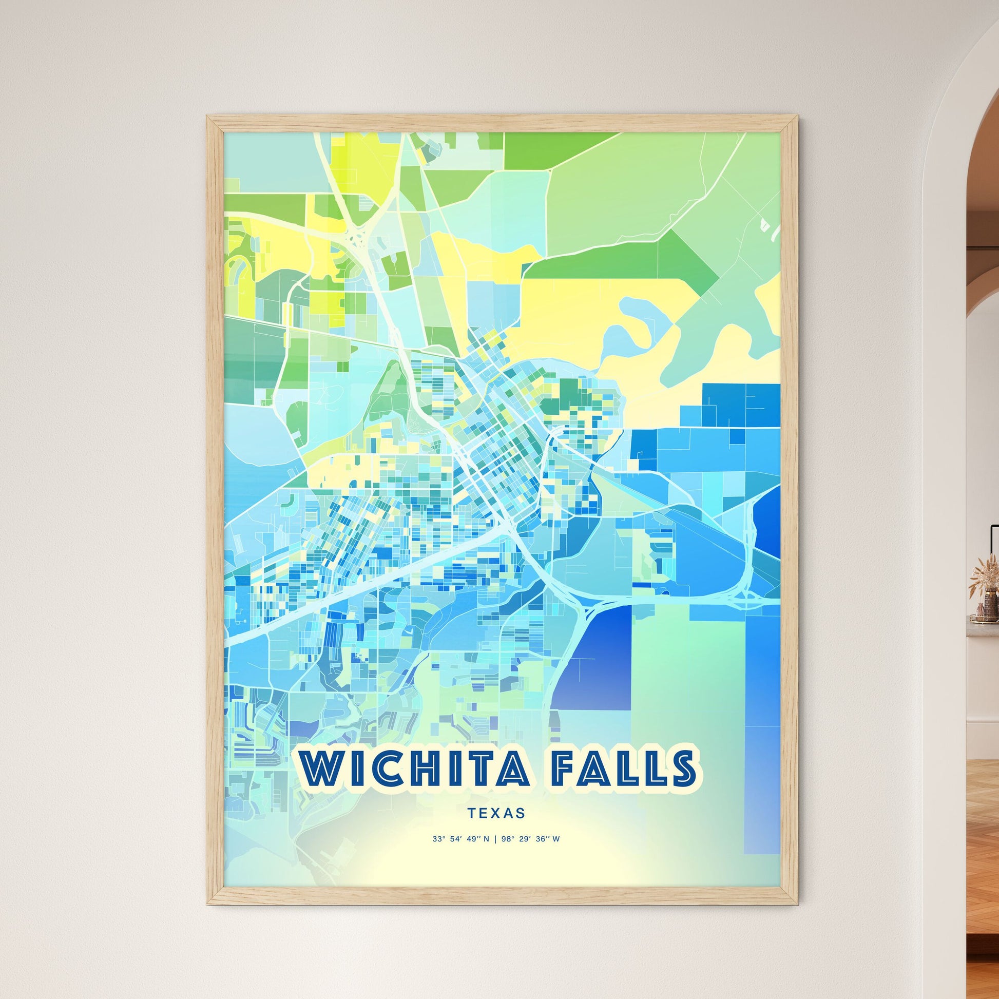 Colorful Wichita Falls Texas Fine Art Map Cool Blue