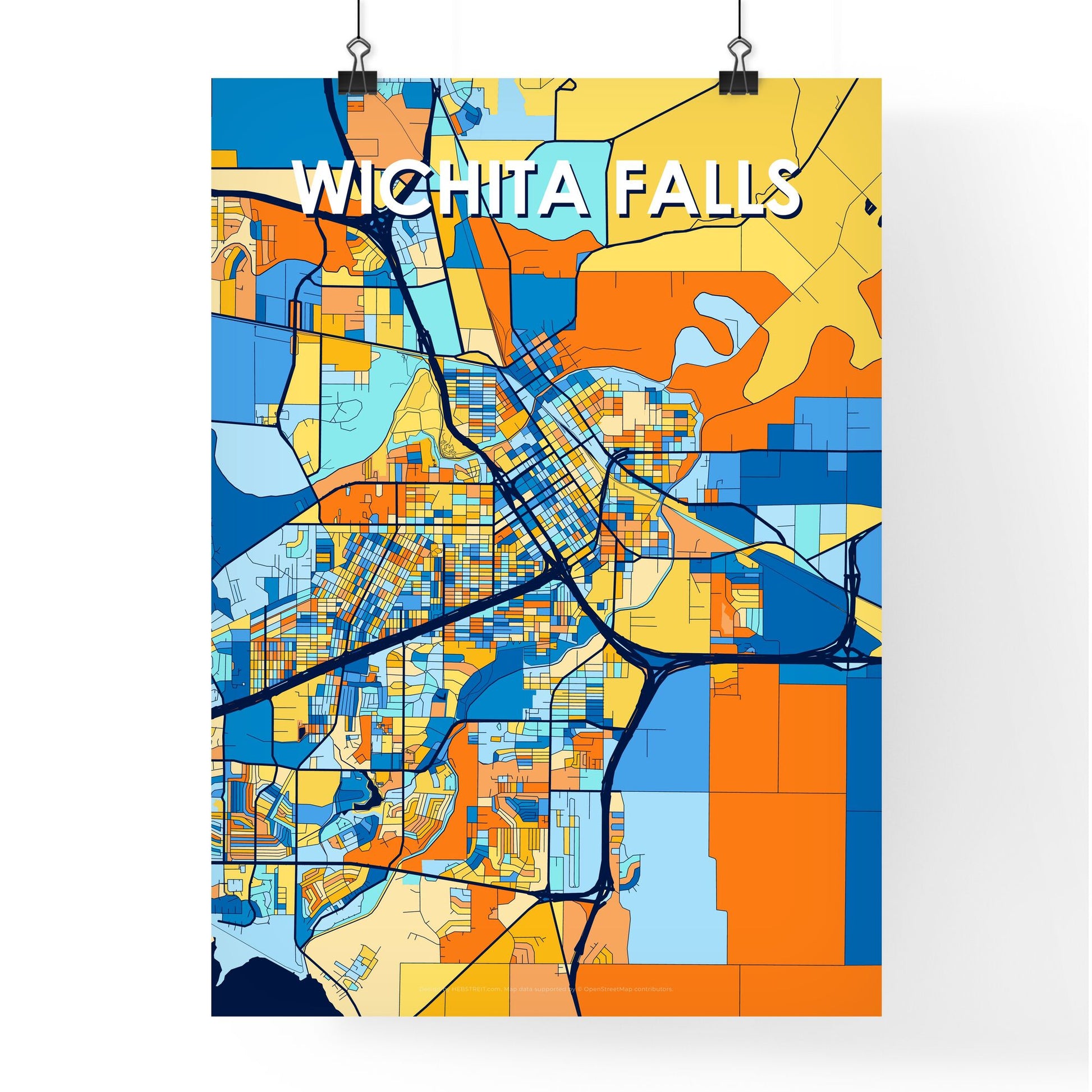 WICHITA FALLS TEXAS Vibrant Colorful Art Map Poster Blue Orange