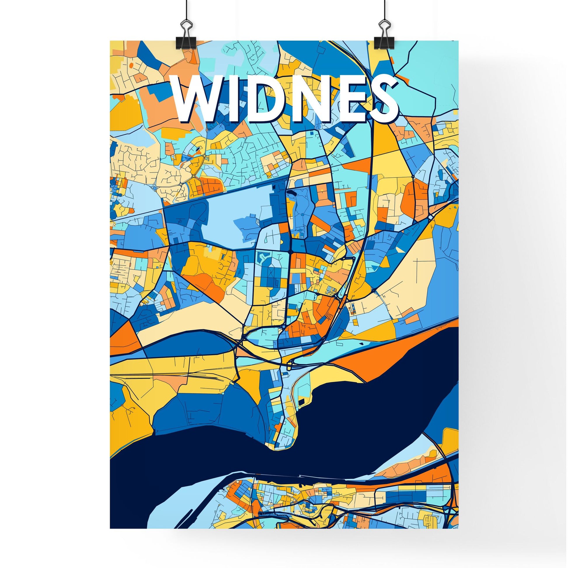 WIDNES ENGLAND Vibrant Colorful Art Map Poster Blue Orange