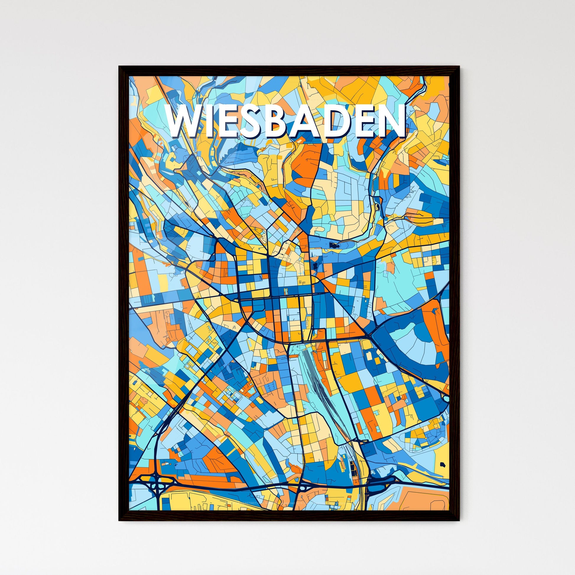 WIESBADEN GERMANY Vibrant Colorful Art Map Poster Blue Orange