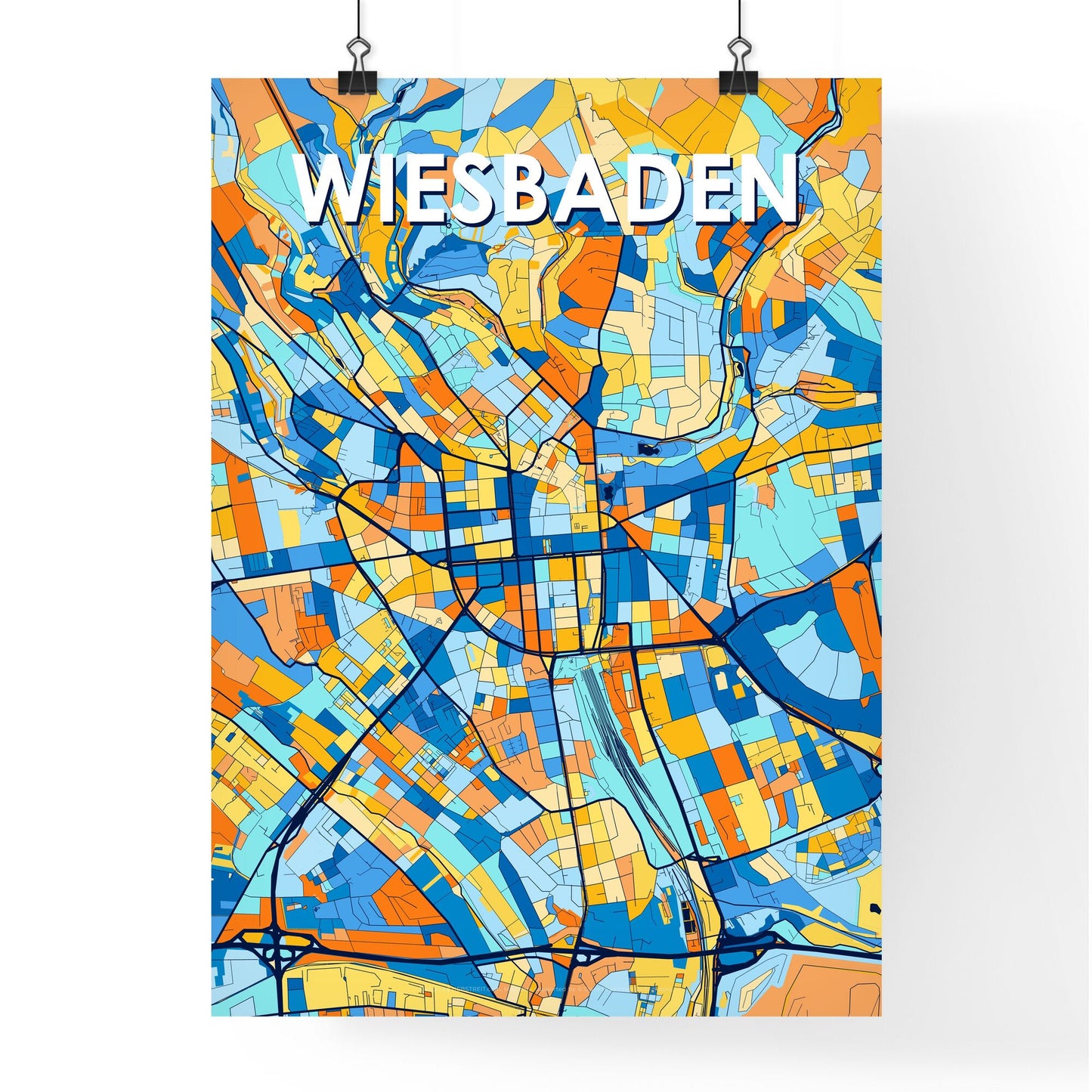 WIESBADEN GERMANY Vibrant Colorful Art Map Poster Blue Orange