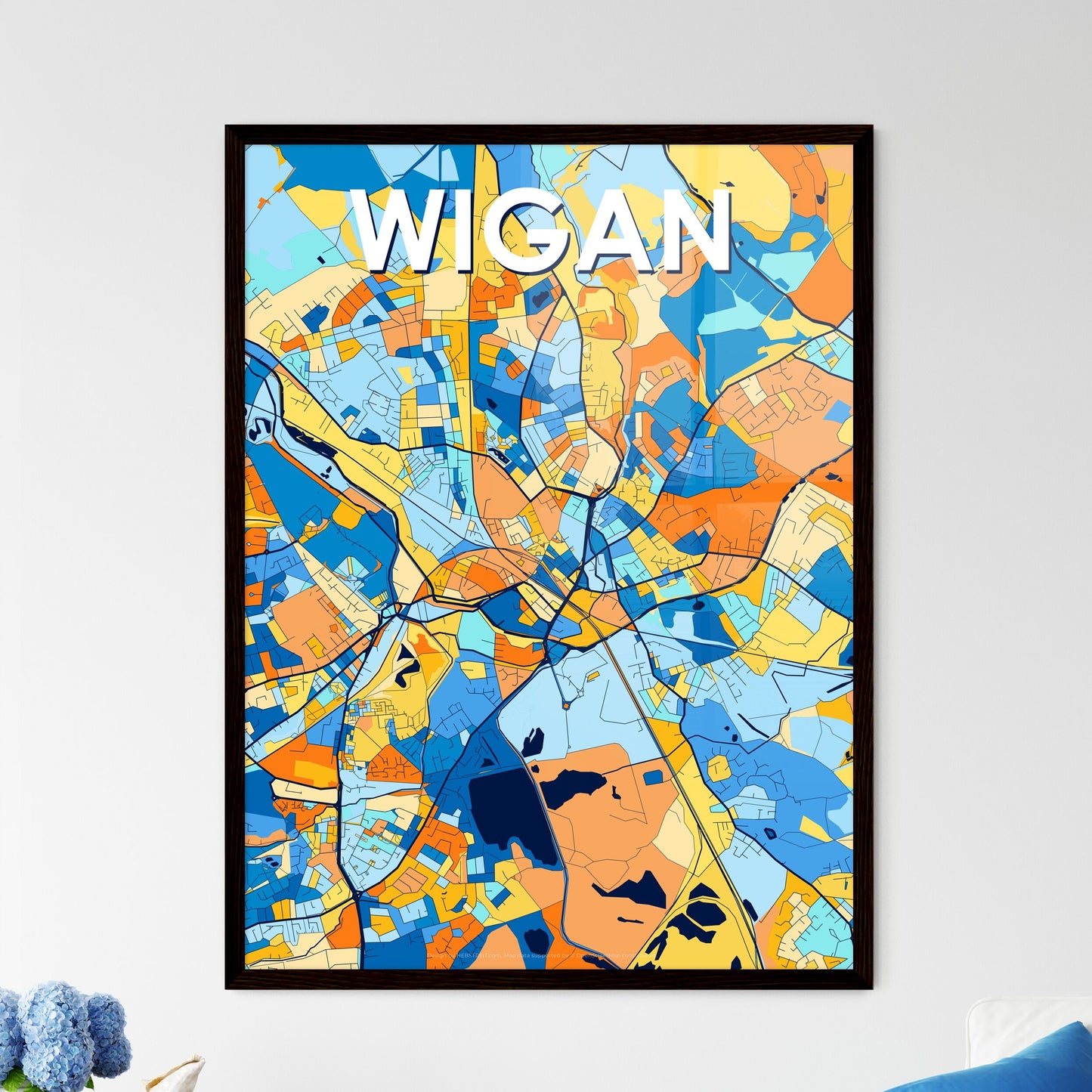 WIGAN ENGLAND Vibrant Colorful Art Map Poster Blue Orange