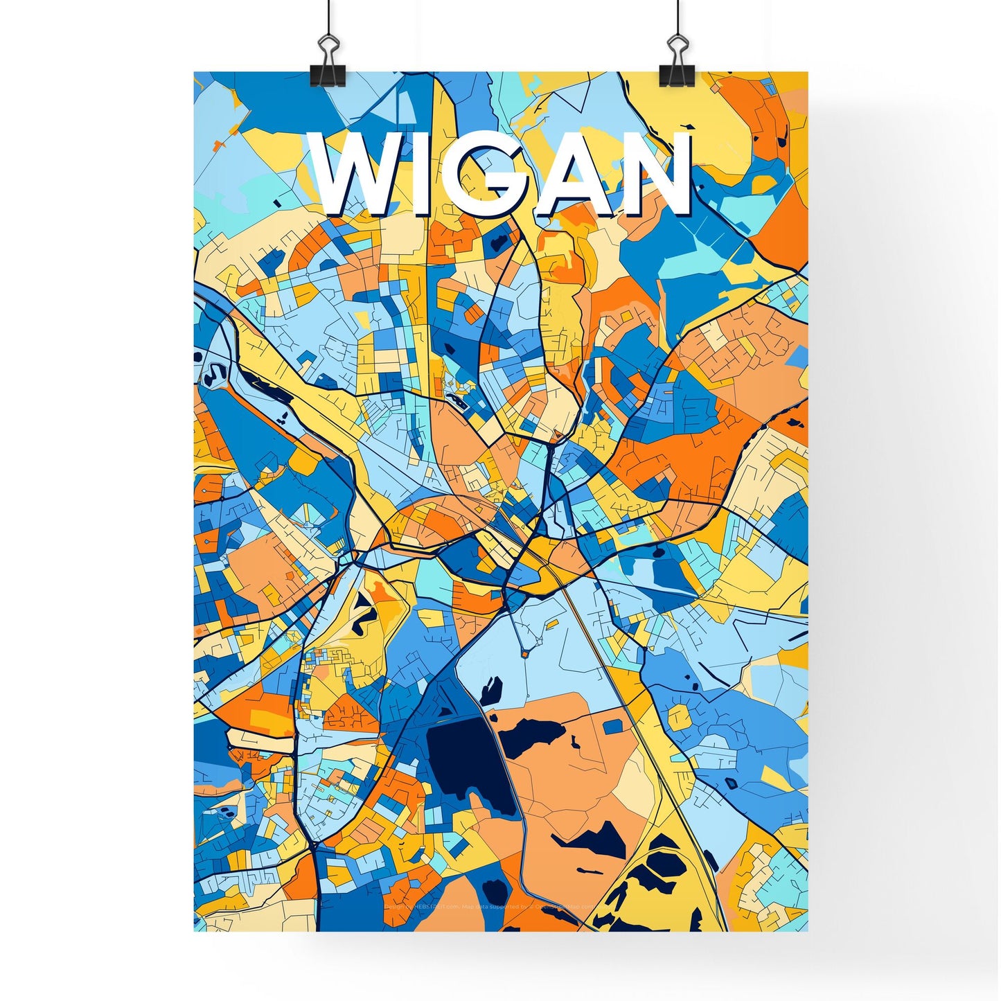 WIGAN ENGLAND Vibrant Colorful Art Map Poster Blue Orange