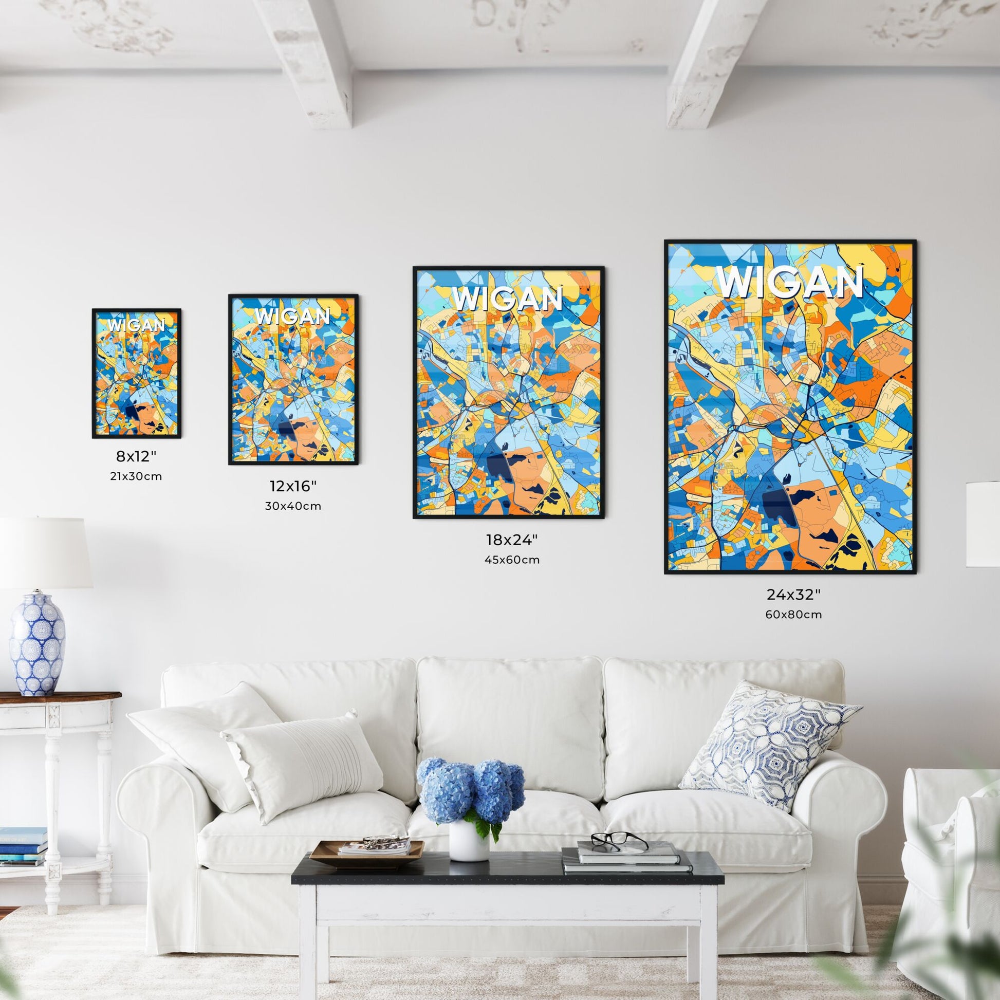 WIGAN ENGLAND Vibrant Colorful Art Map Poster Blue Orange