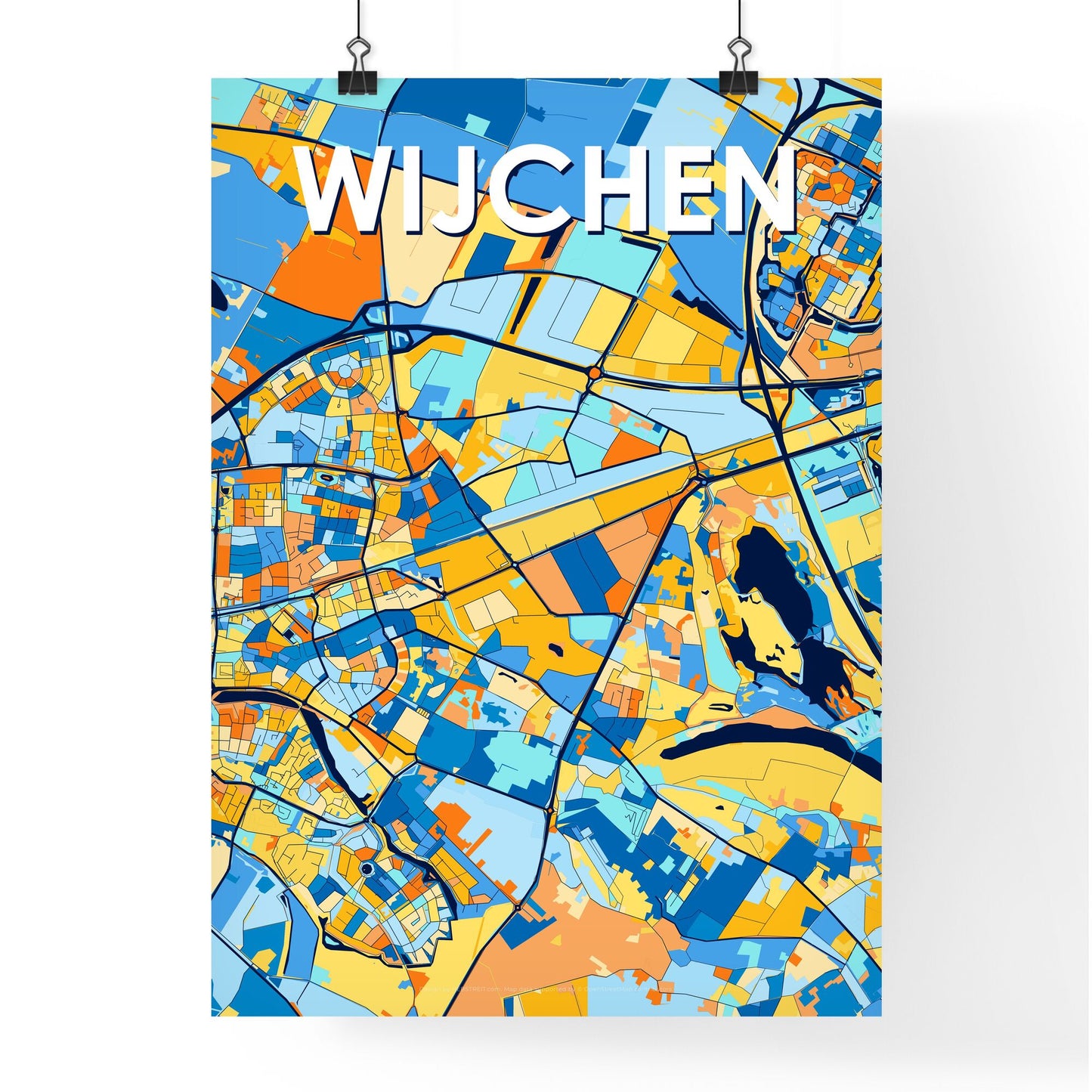 WIJCHEN NETHERLANDS Vibrant Colorful Art Map Poster Blue Orange