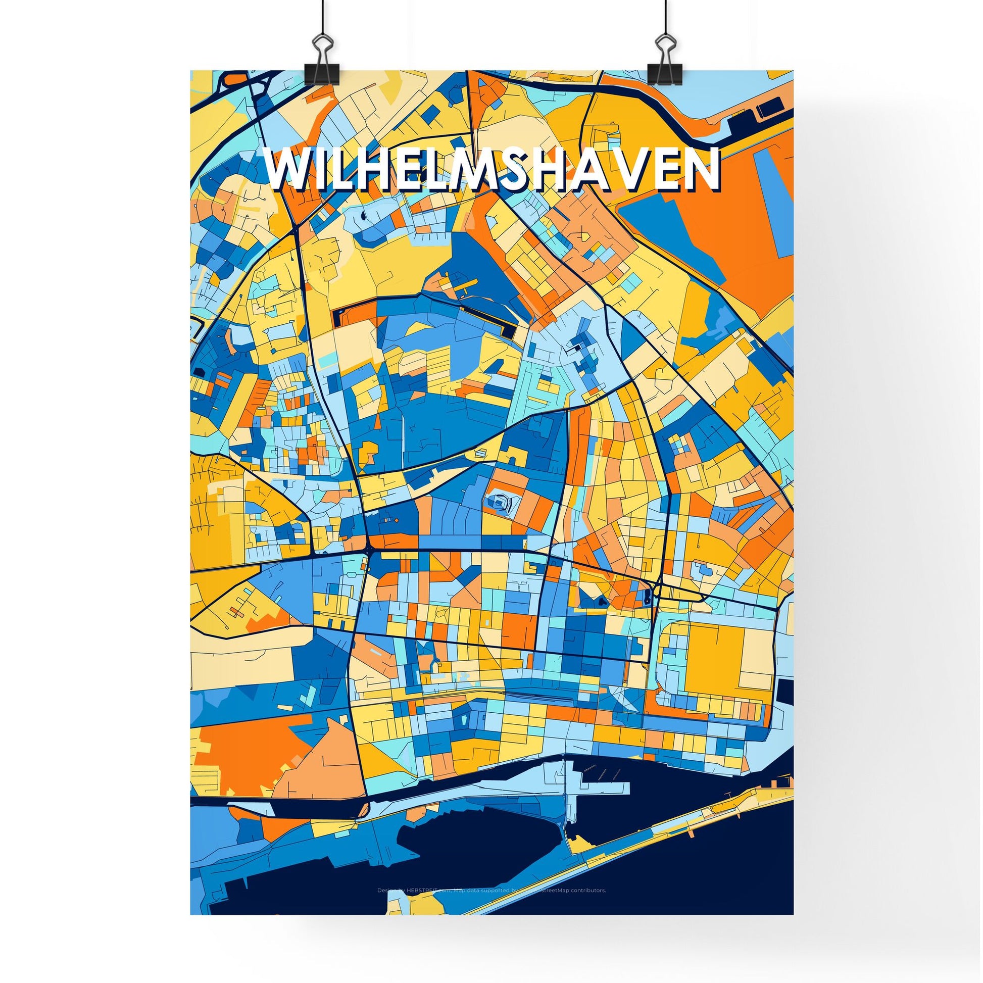 WILHELMSHAVEN GERMANY Vibrant Colorful Art Map Poster Blue Orange