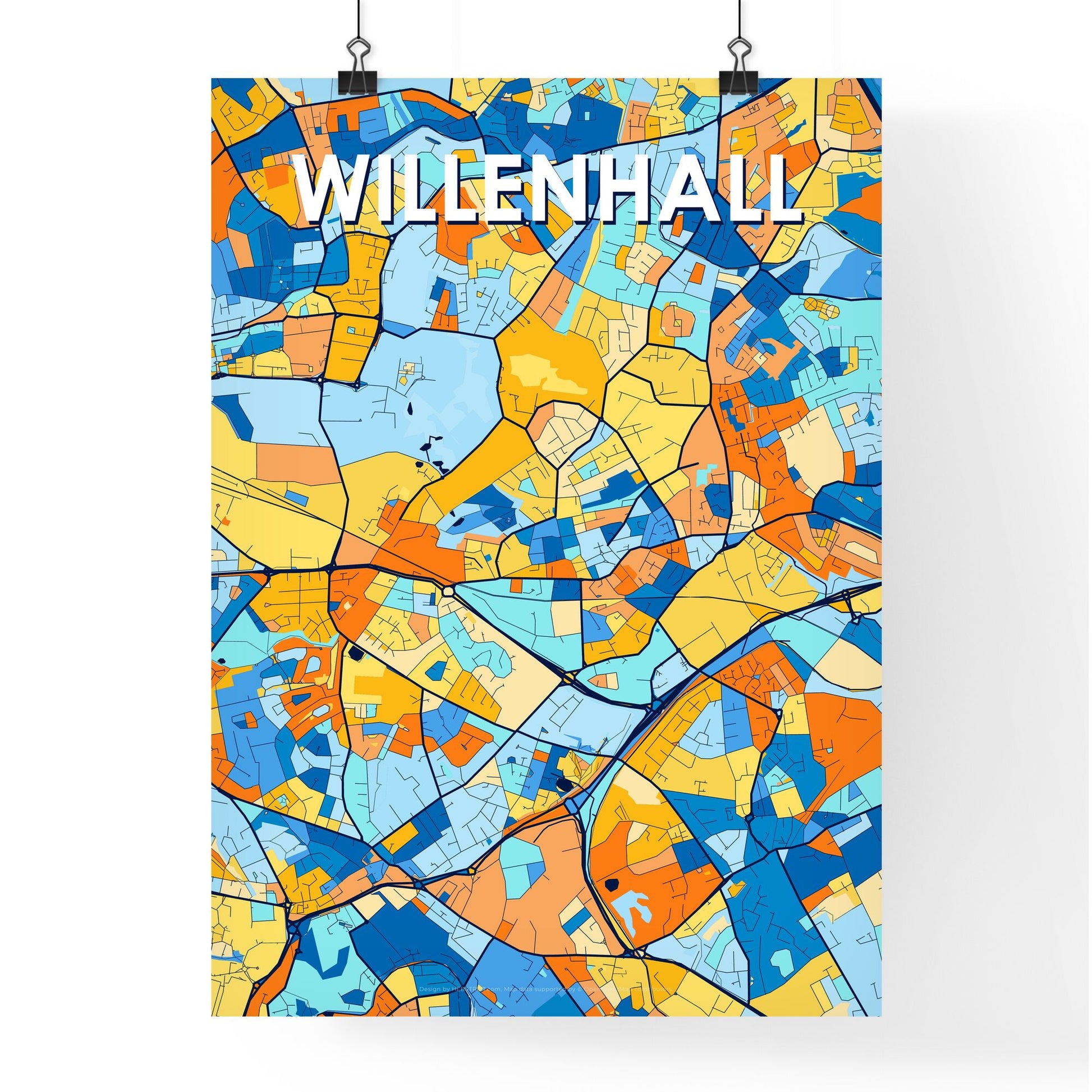 WILLENHALL ENGLAND Vibrant Colorful Art Map Poster Blue Orange