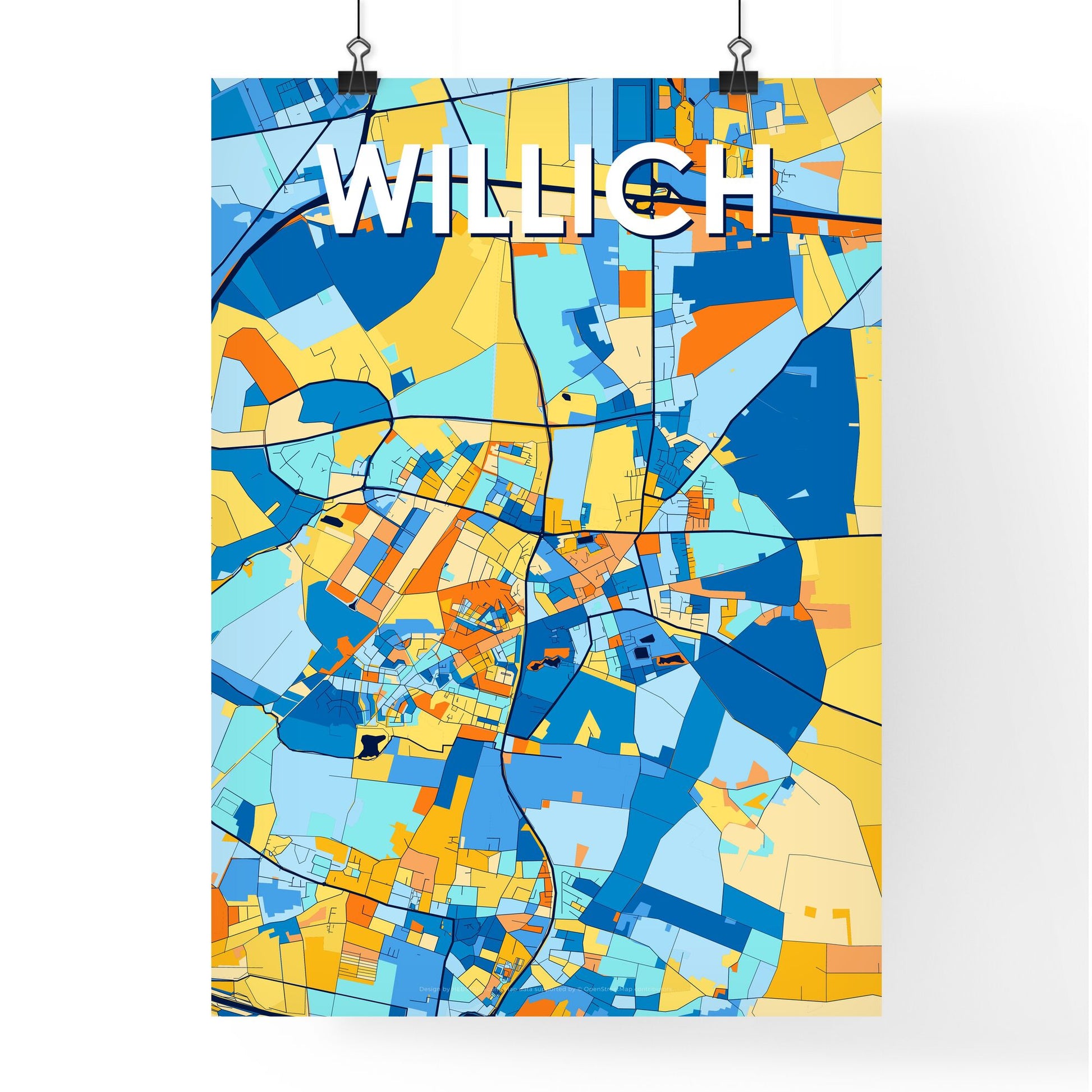 WILLICH GERMANY Vibrant Colorful Art Map Poster Blue Orange