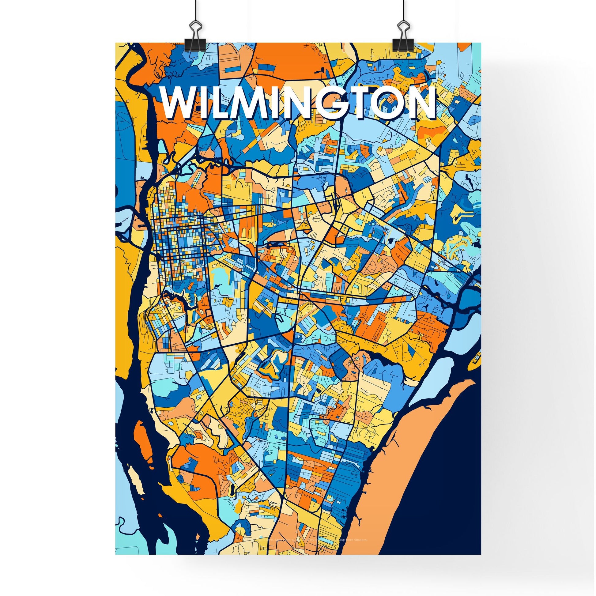 WILMINGTON NORTH CAROLINA Vibrant Colorful Art Map Poster Blue Orange