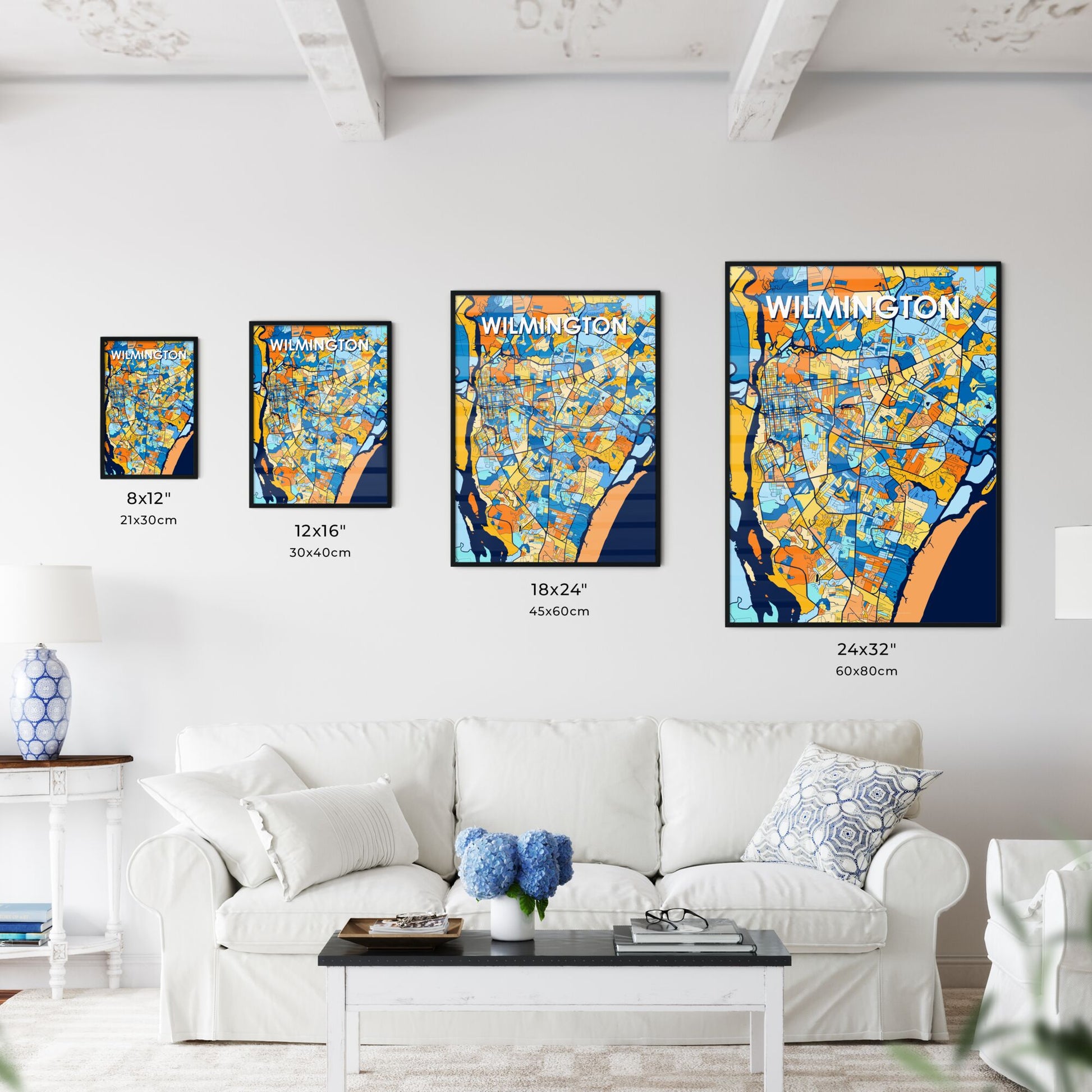 WILMINGTON NORTH CAROLINA Vibrant Colorful Art Map Poster Blue Orange