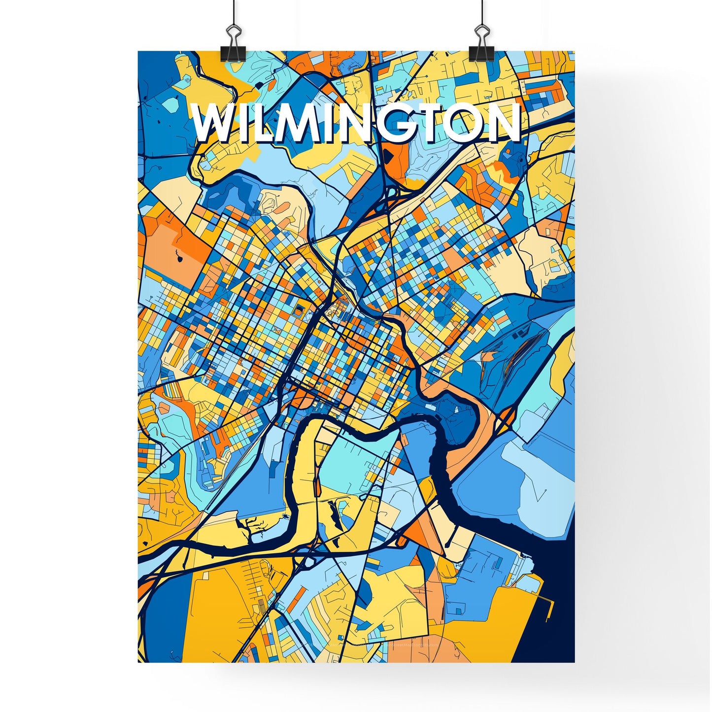 WILMINGTON DELAWARE Vibrant Colorful Art Map Poster Blue Orange