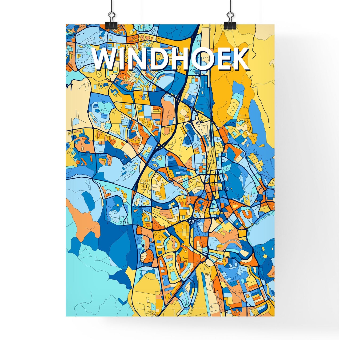 WINDHOEK NAMIBIA Vibrant Colorful Art Map Poster Blue Orange