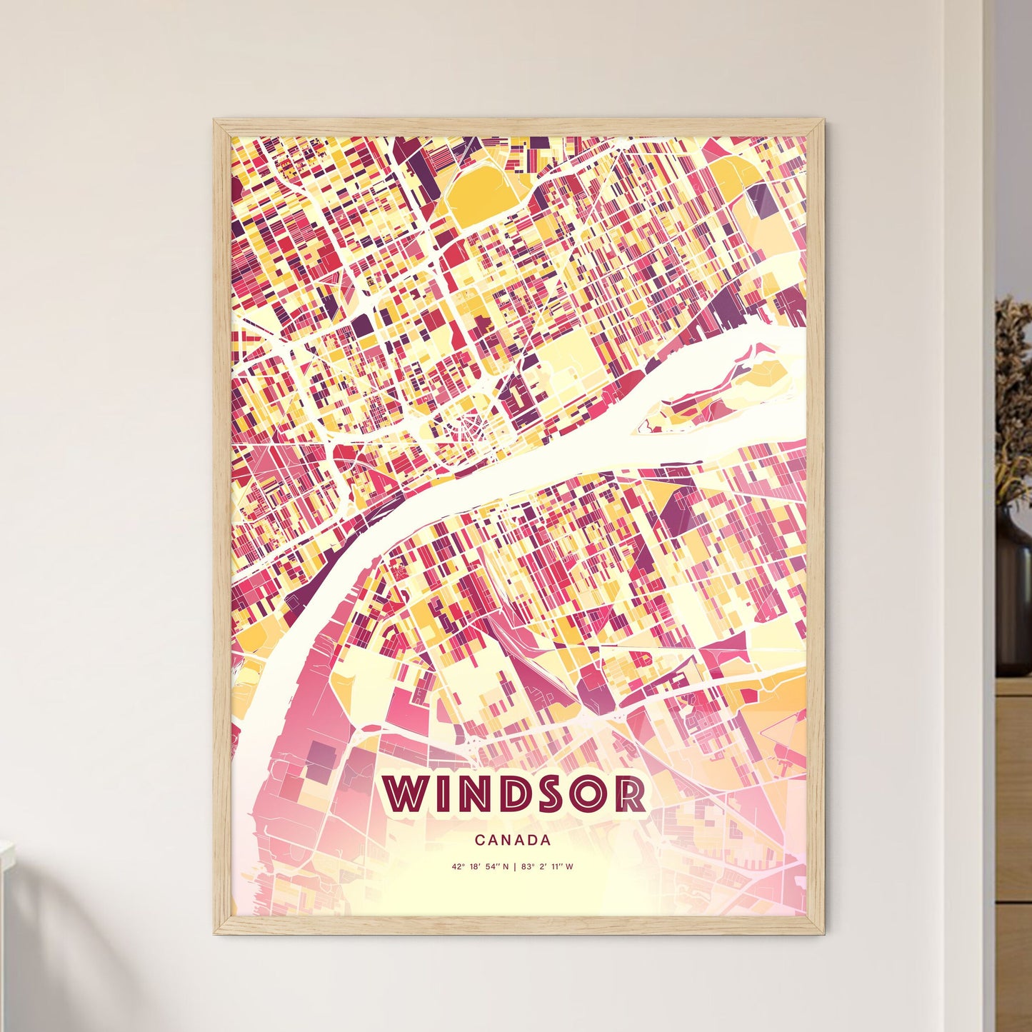 Colorful Windsor Canada Fine Art Map Hot Red