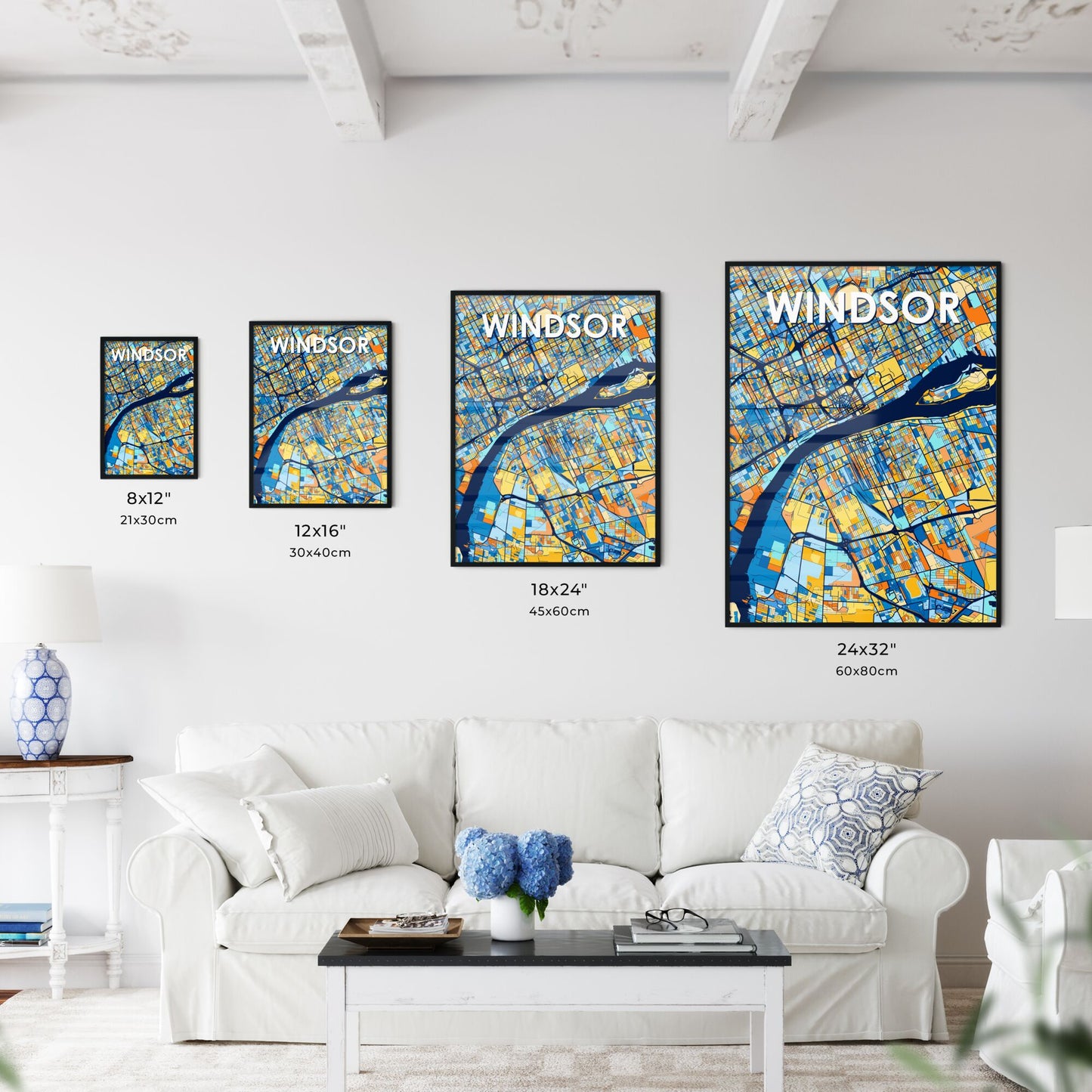 WINDSOR CANADA Vibrant Colorful Art Map Poster Blue Orange