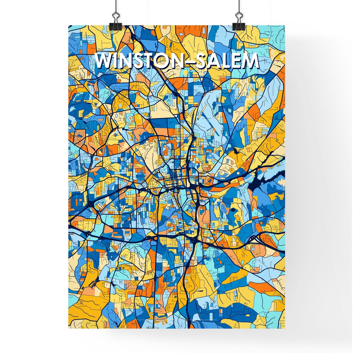 WINSTON–SALEM NORTH CAROLINA Vibrant Colorful Art Map Poster Blue Orange