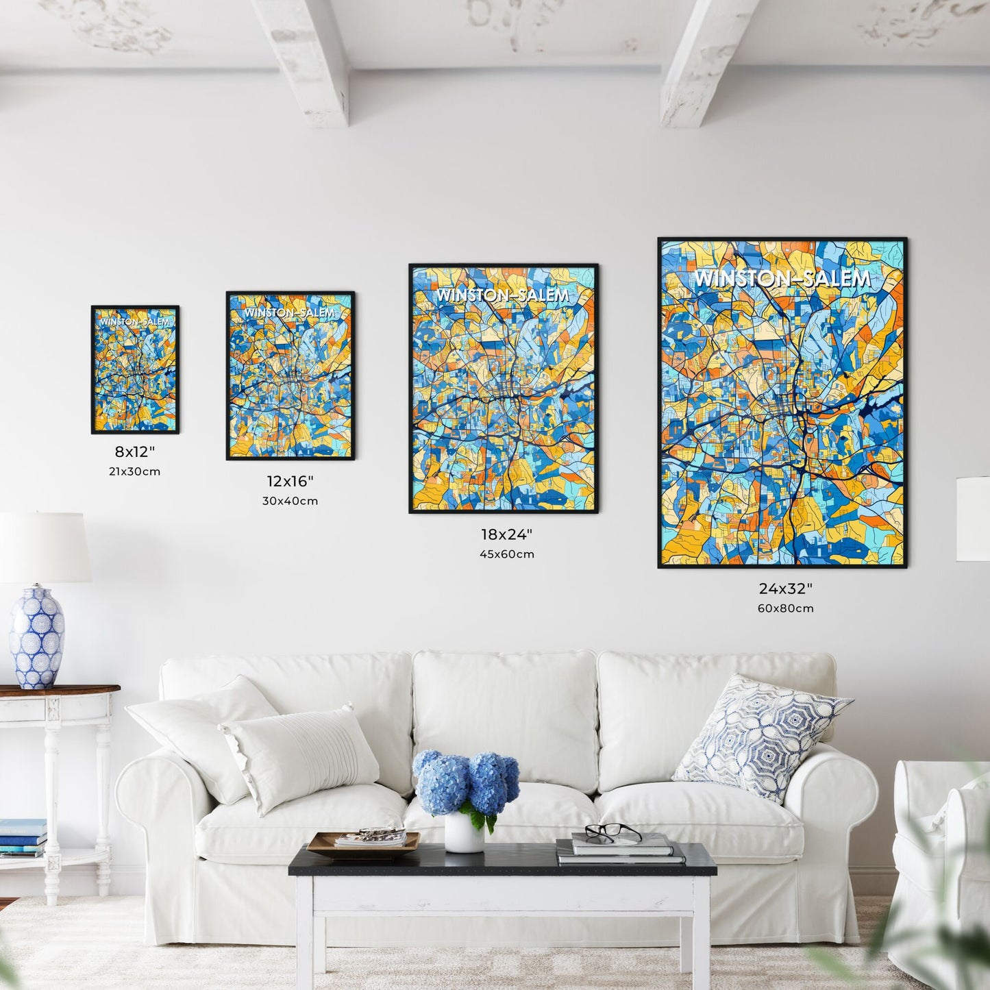 WINSTON–SALEM NORTH CAROLINA Vibrant Colorful Art Map Poster Blue Orange