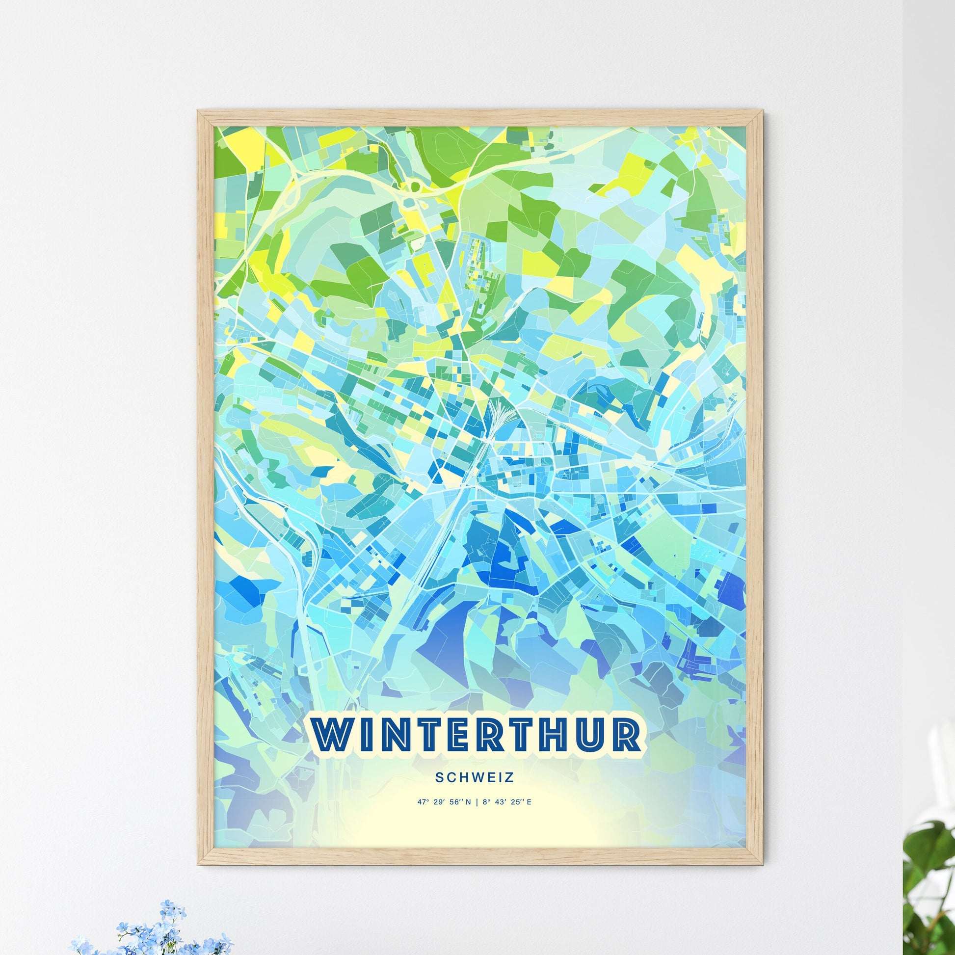 Colorful Winterthur Switzerland Fine Art Map Cool Blue