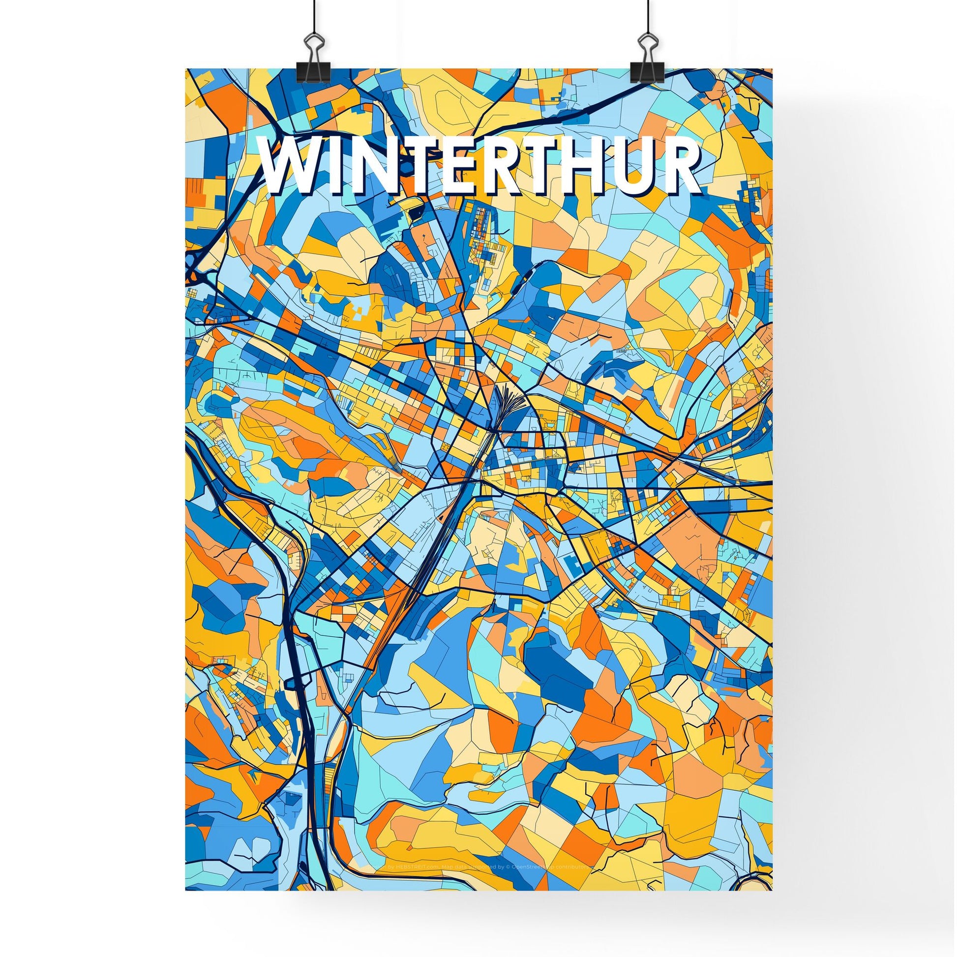 WINTERTHUR SWITZERLAND Vibrant Colorful Art Map Poster Blue Orange