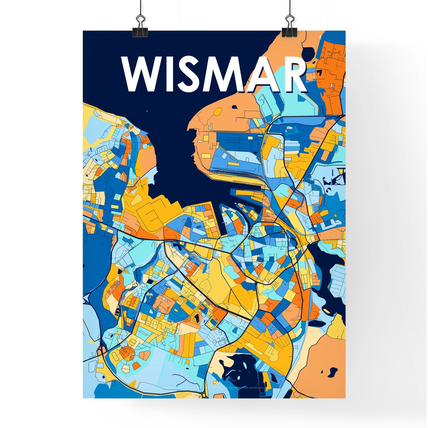 WISMAR GERMANY Vibrant Colorful Art Map Poster Blue Orange