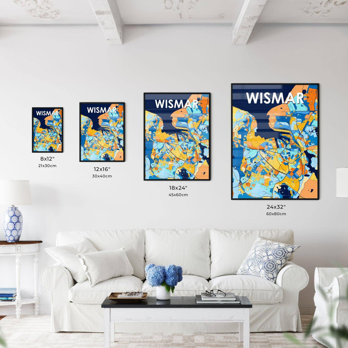 WISMAR GERMANY Vibrant Colorful Art Map Poster Blue Orange