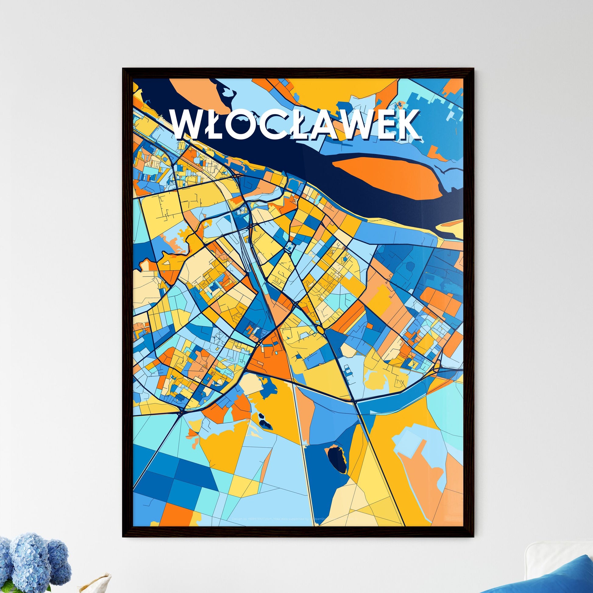 WŁOCŁAWEK POLAND Vibrant Colorful Art Map Poster Blue Orange