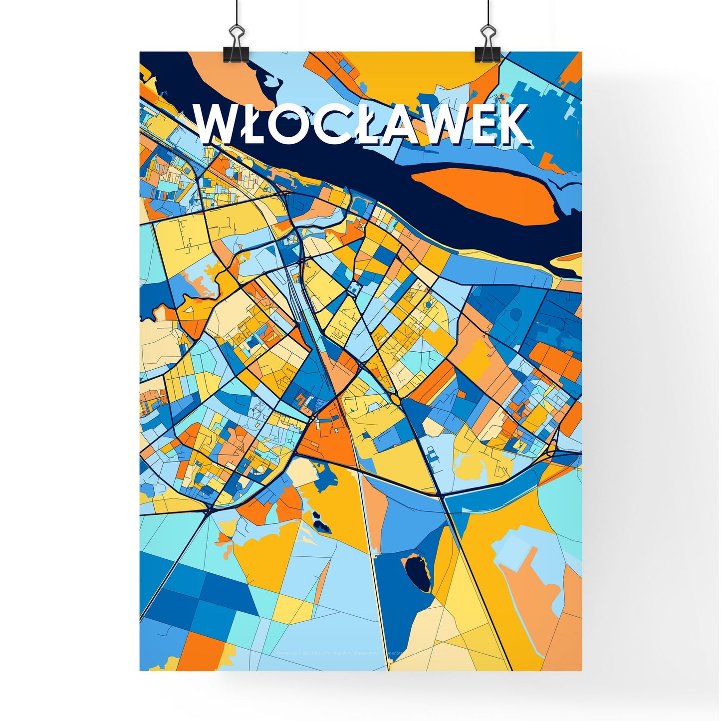 WŁOCŁAWEK POLAND Vibrant Colorful Art Map Poster Blue Orange