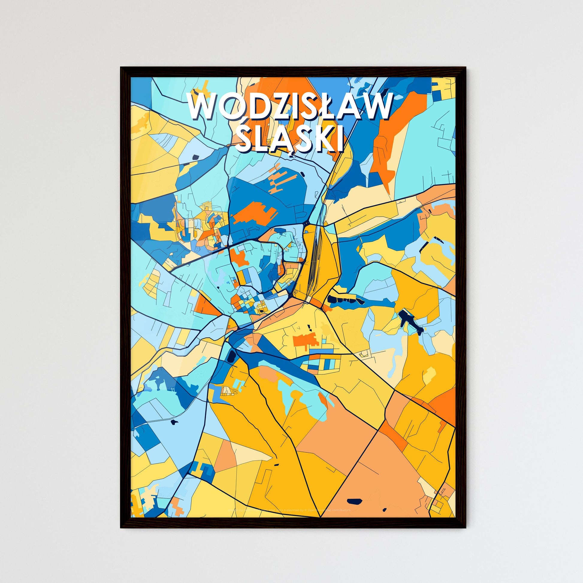 WODZISŁAW ŚLĄSKI POLAND Vibrant Colorful Art Map Poster Blue Orange