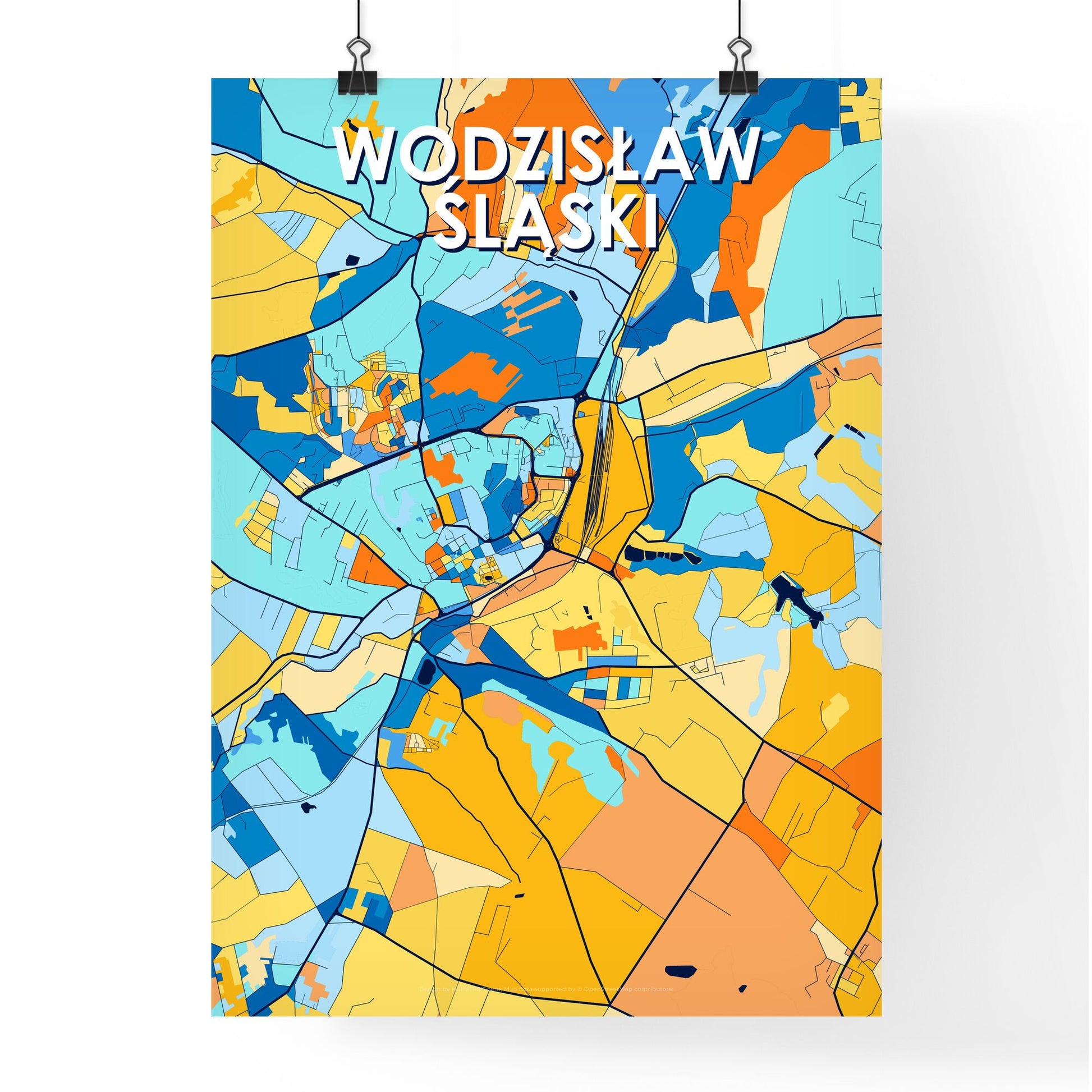 WODZISŁAW ŚLĄSKI POLAND Vibrant Colorful Art Map Poster Blue Orange