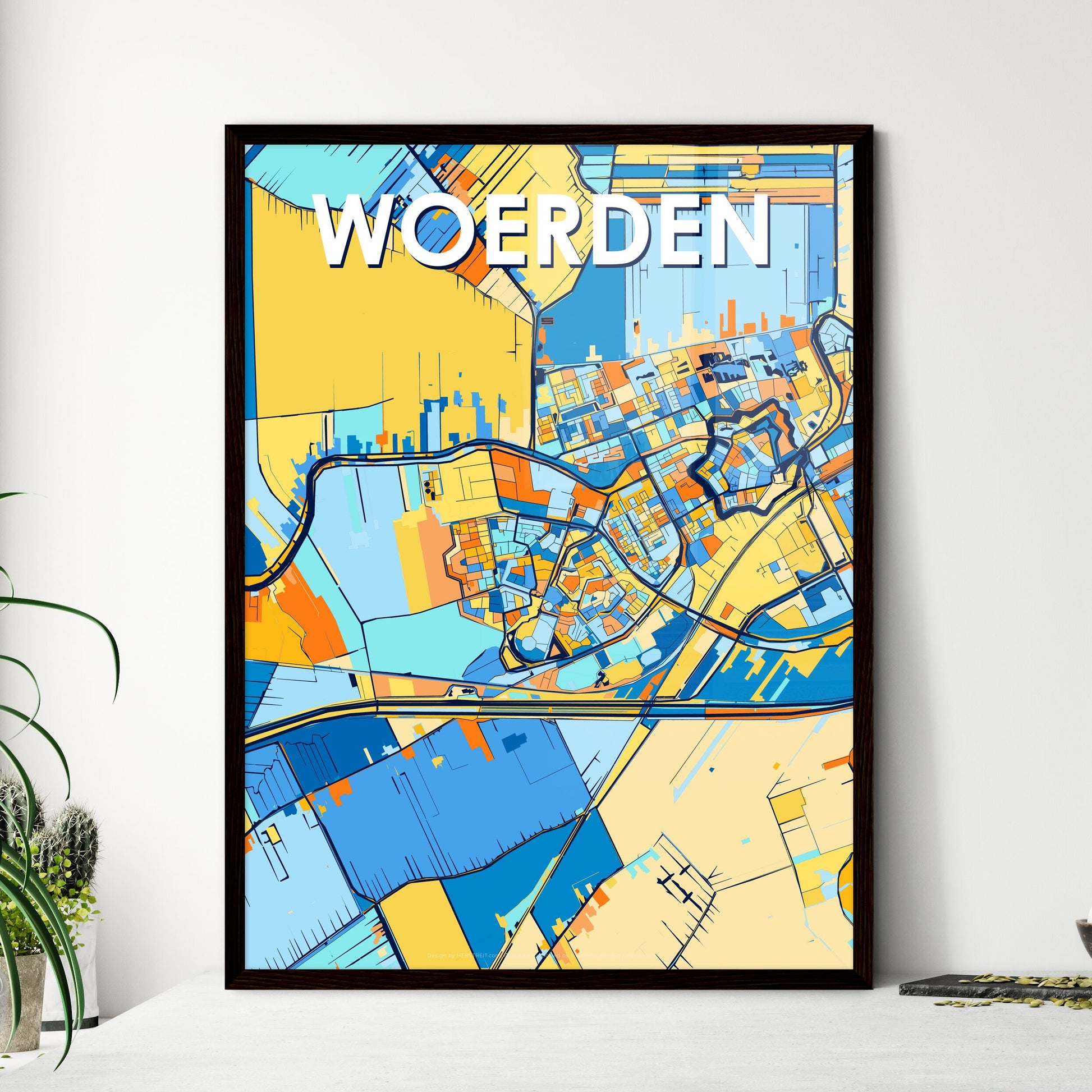 WOERDEN NETHERLANDS Vibrant Colorful Art Map Poster Blue Orange