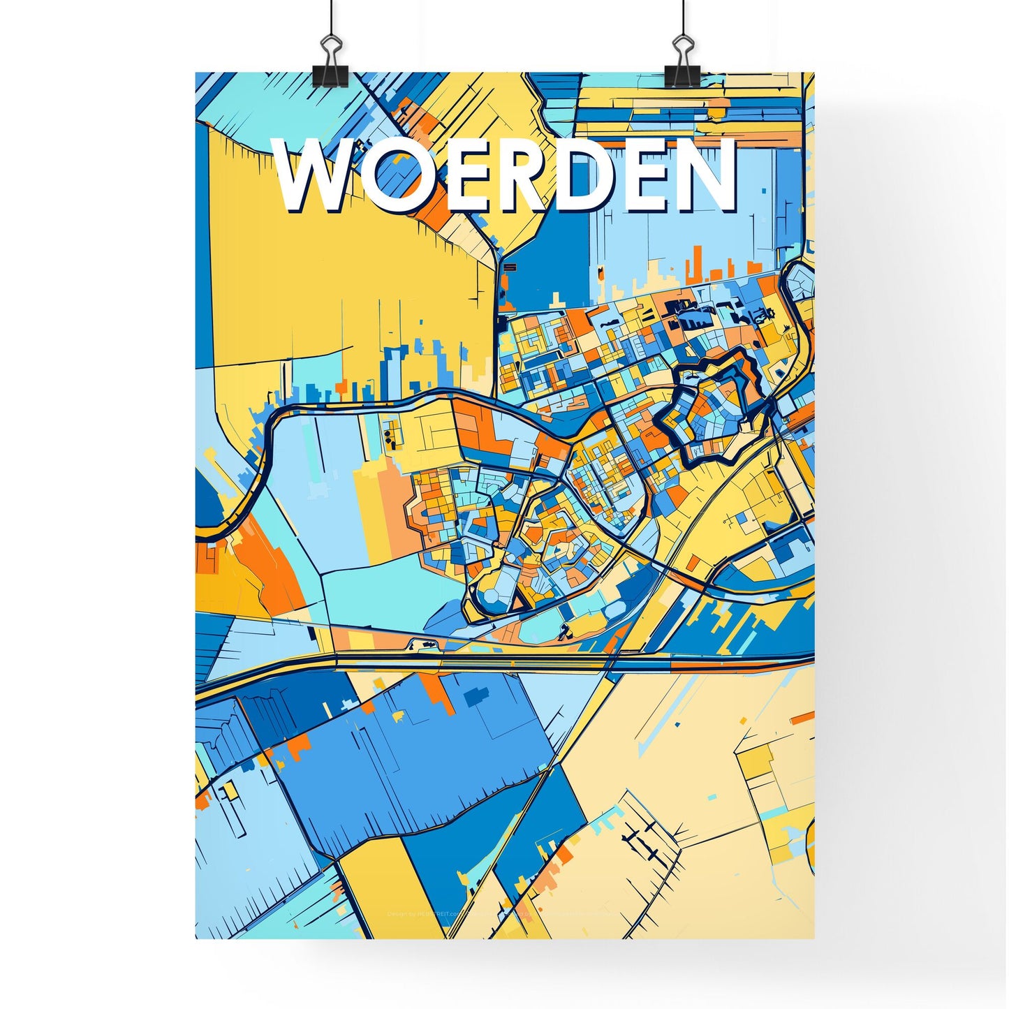 WOERDEN NETHERLANDS Vibrant Colorful Art Map Poster Blue Orange