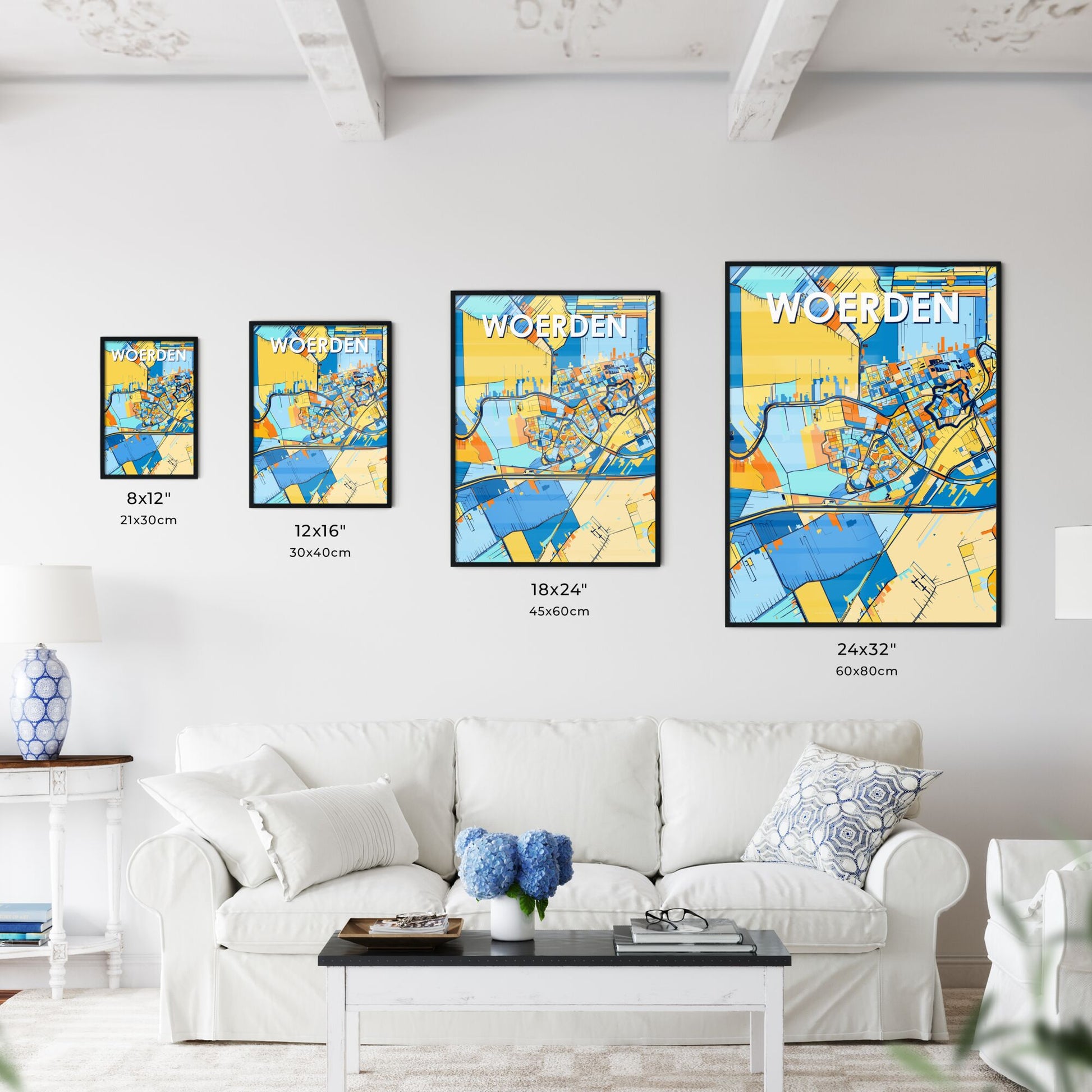 WOERDEN NETHERLANDS Vibrant Colorful Art Map Poster Blue Orange