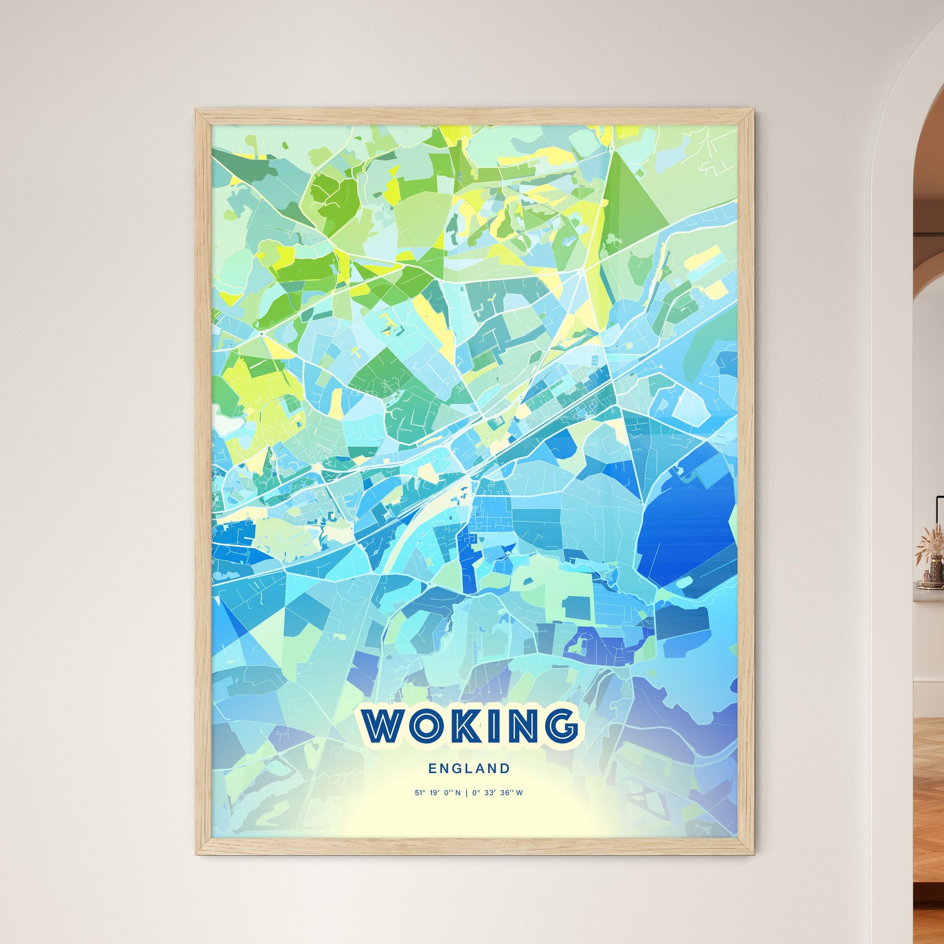 Colorful Woking England Fine Art Map Cool Blue