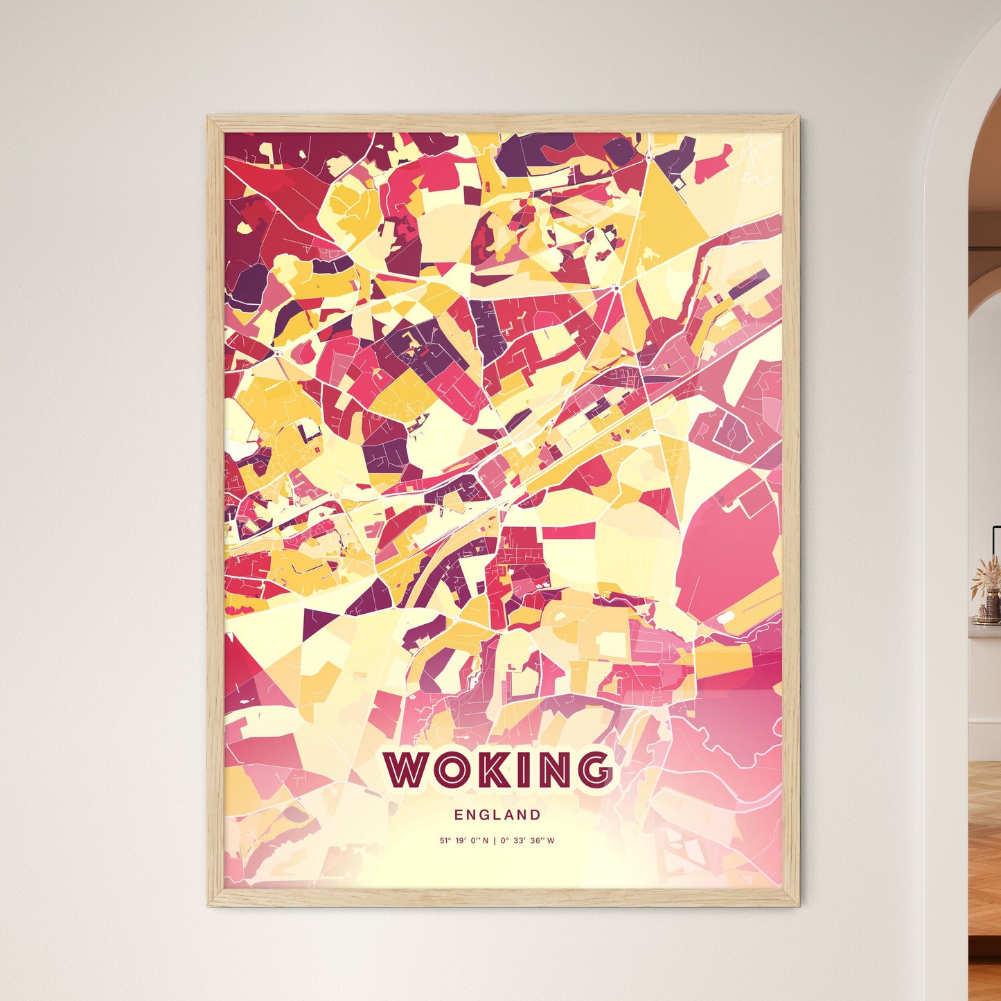 Colorful Woking England Fine Art Map Hot Red