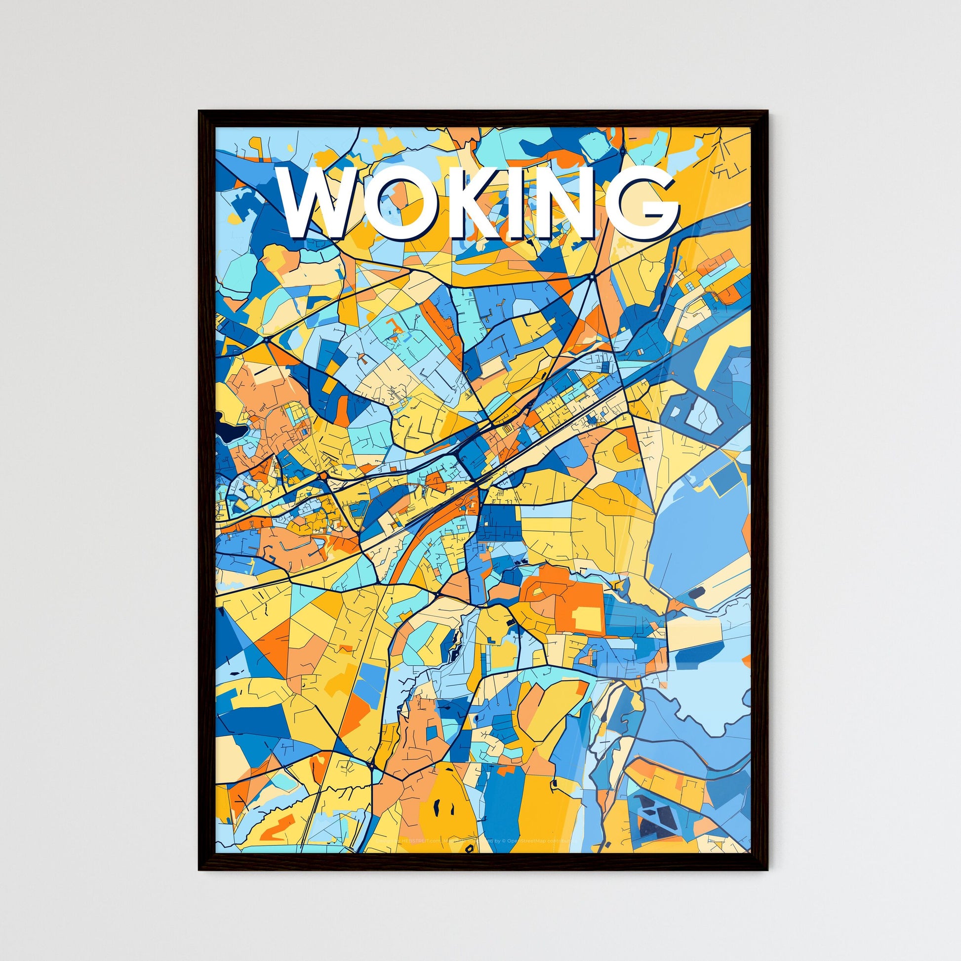 WOKING ENGLAND Vibrant Colorful Art Map Poster Blue Orange