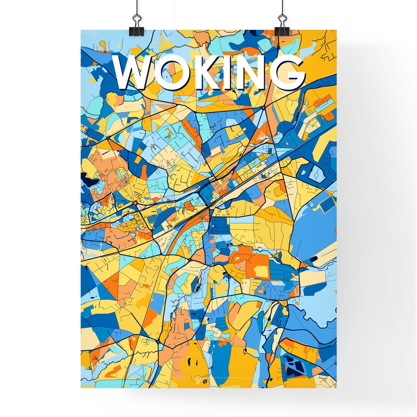 WOKING ENGLAND Vibrant Colorful Art Map Poster Blue Orange