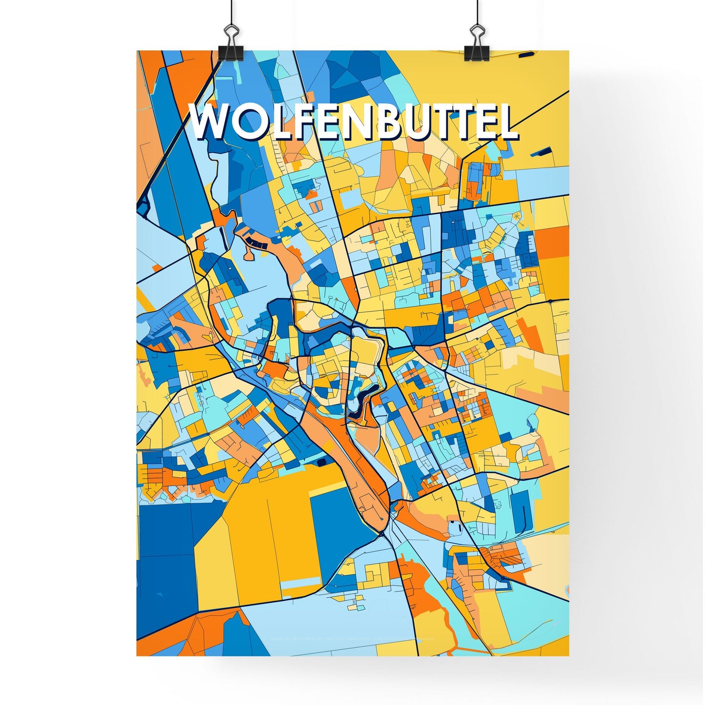 WOLFENBUTTEL GERMANY Vibrant Colorful Art Map Poster Blue Orange