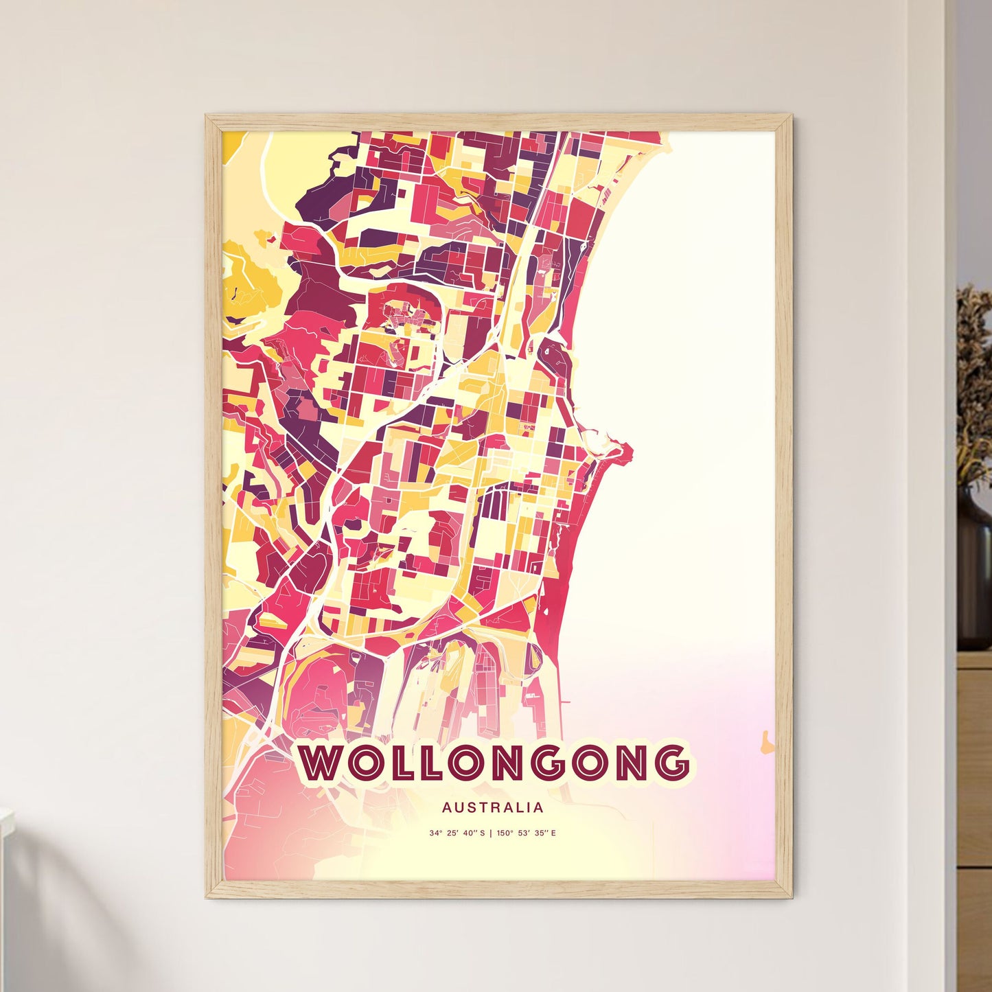 Colorful Wollongong Australia Fine Art Map Hot Red