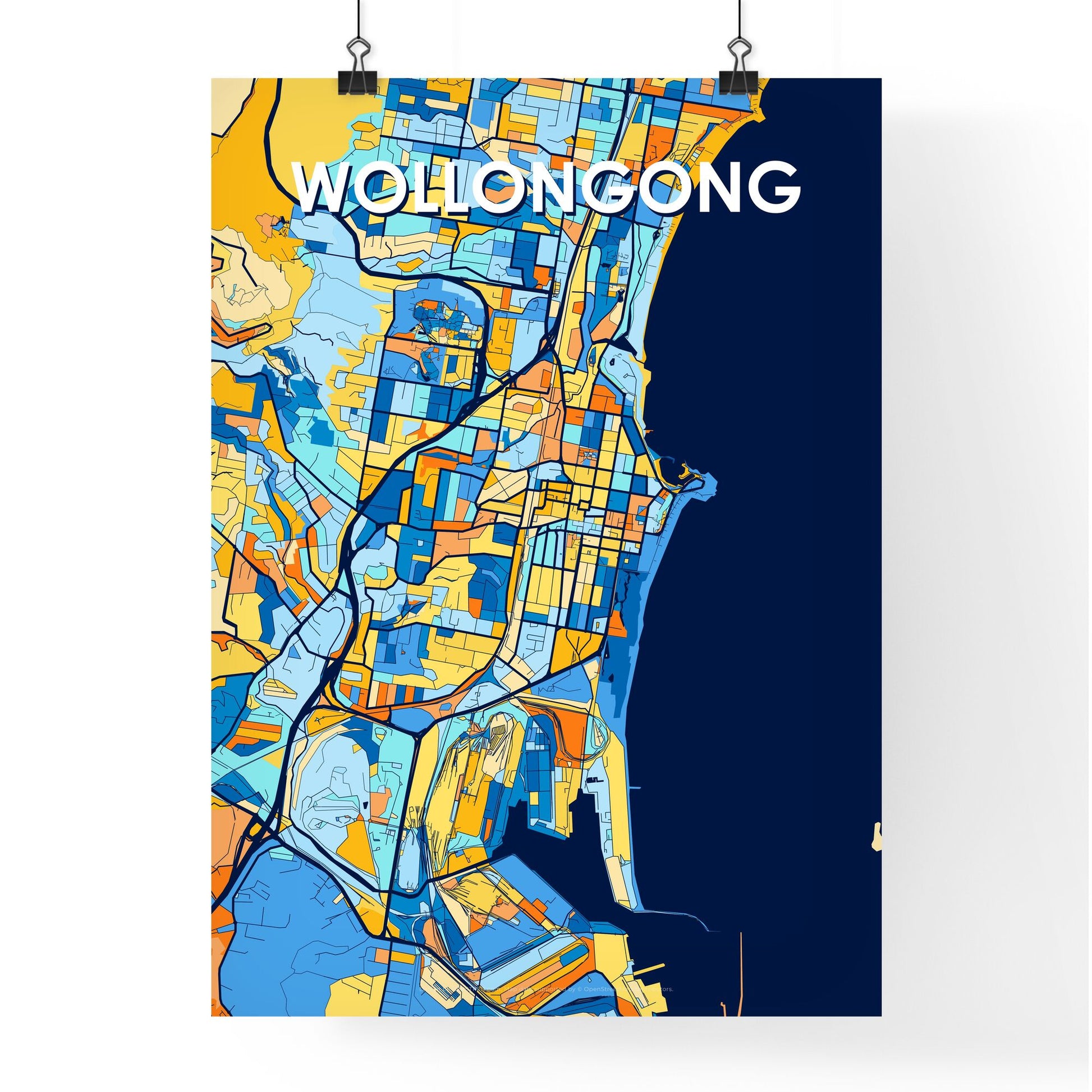 WOLLONGONG AUSTRALIA Vibrant Colorful Art Map Poster Blue Orange