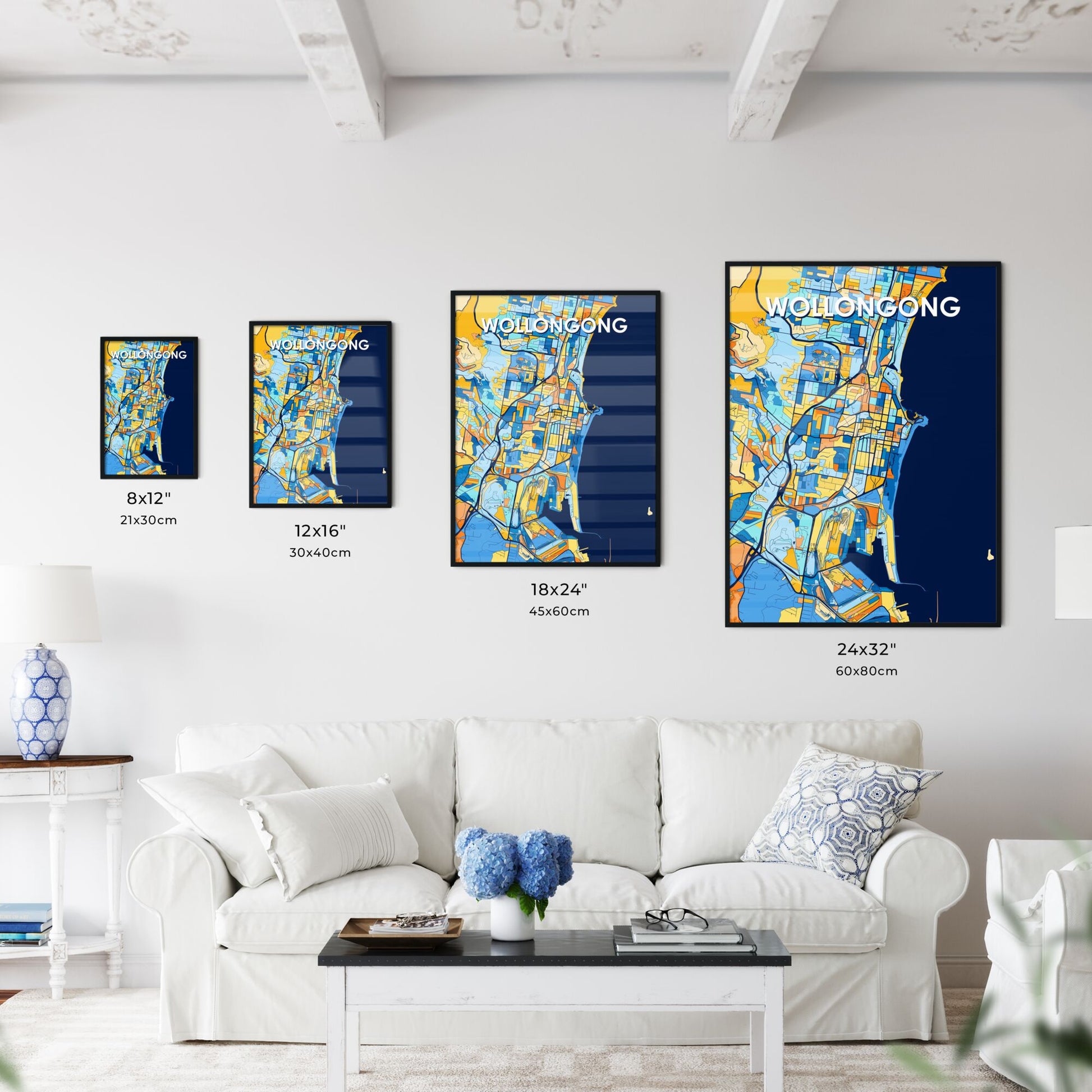 WOLLONGONG AUSTRALIA Vibrant Colorful Art Map Poster Blue Orange