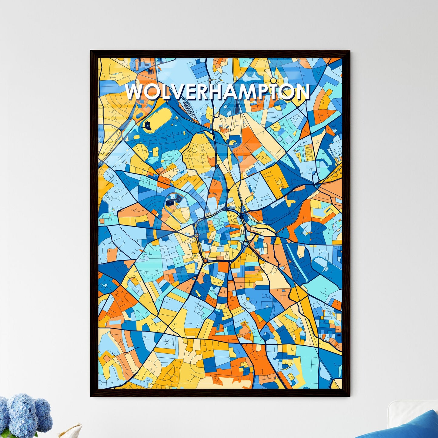 WOLVERHAMPTON ENGLAND Vibrant Colorful Art Map Poster Blue Orange