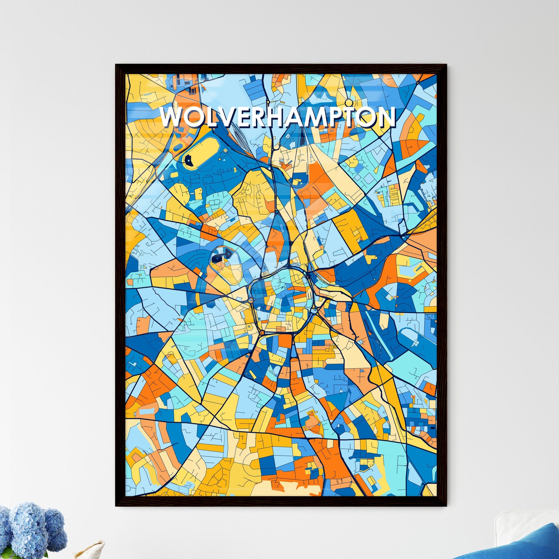 WOLVERHAMPTON ENGLAND Vibrant Colorful Art Map Poster Blue Orange