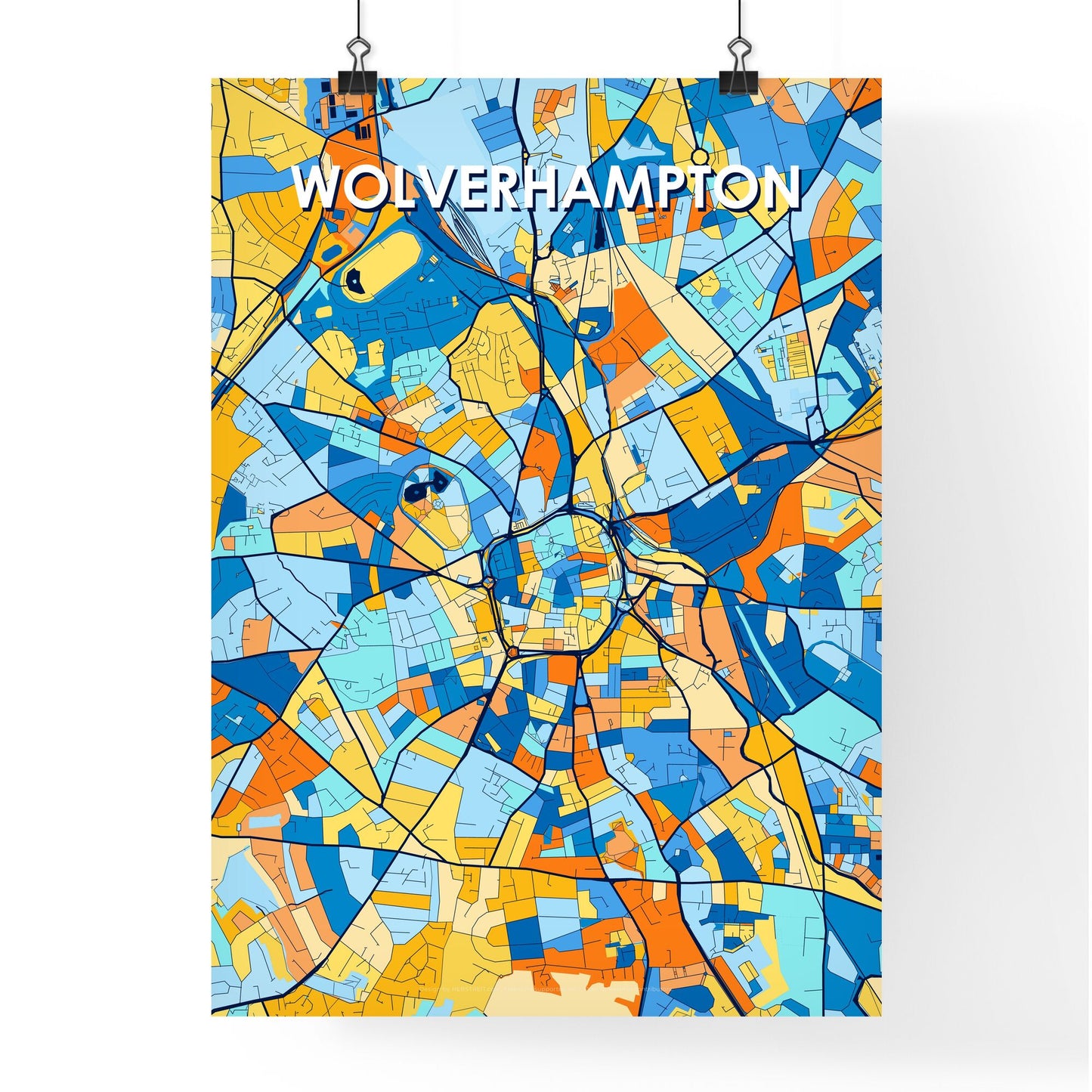 WOLVERHAMPTON ENGLAND Vibrant Colorful Art Map Poster Blue Orange