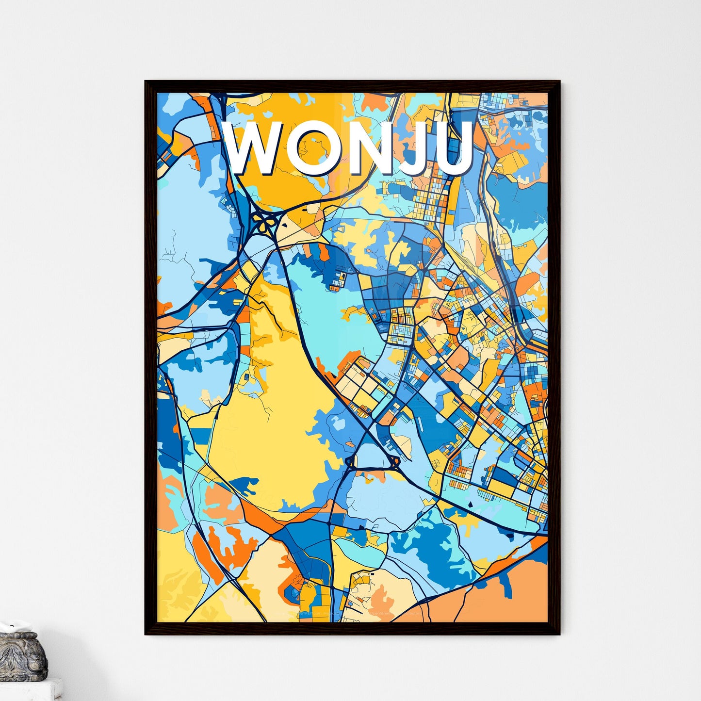 WONJU SOUTH KOREA Vibrant Colorful Art Map Poster Blue Orange