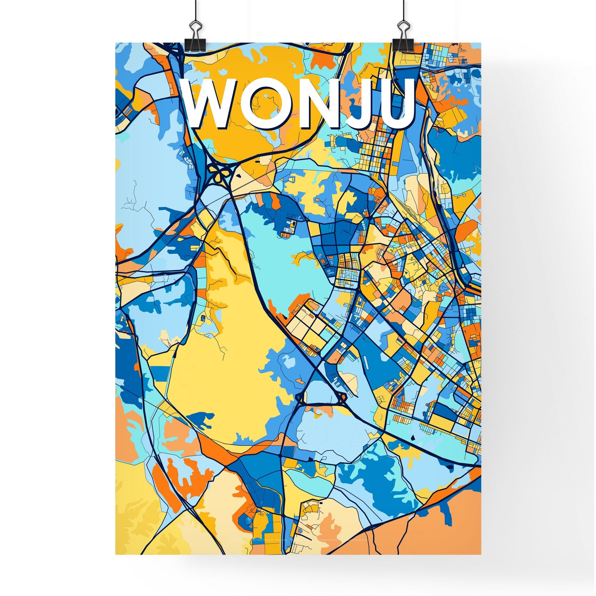 WONJU SOUTH KOREA Vibrant Colorful Art Map Poster Blue Orange