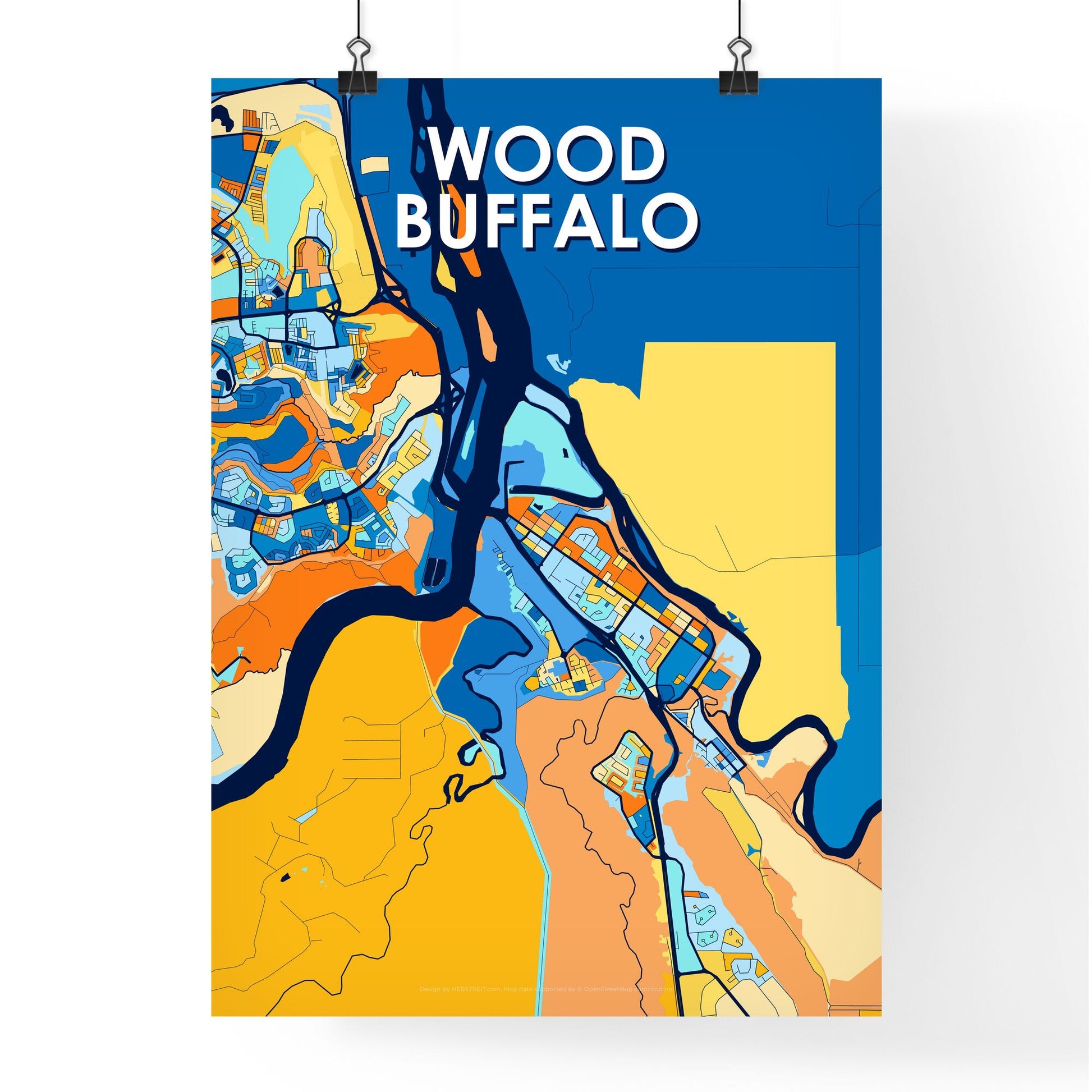 WOOD BUFFALO CANADA Vibrant Colorful Art Map Poster Blue Orange